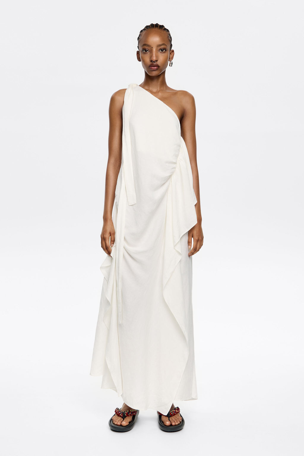 White linen ruched dress with maxi scarves
