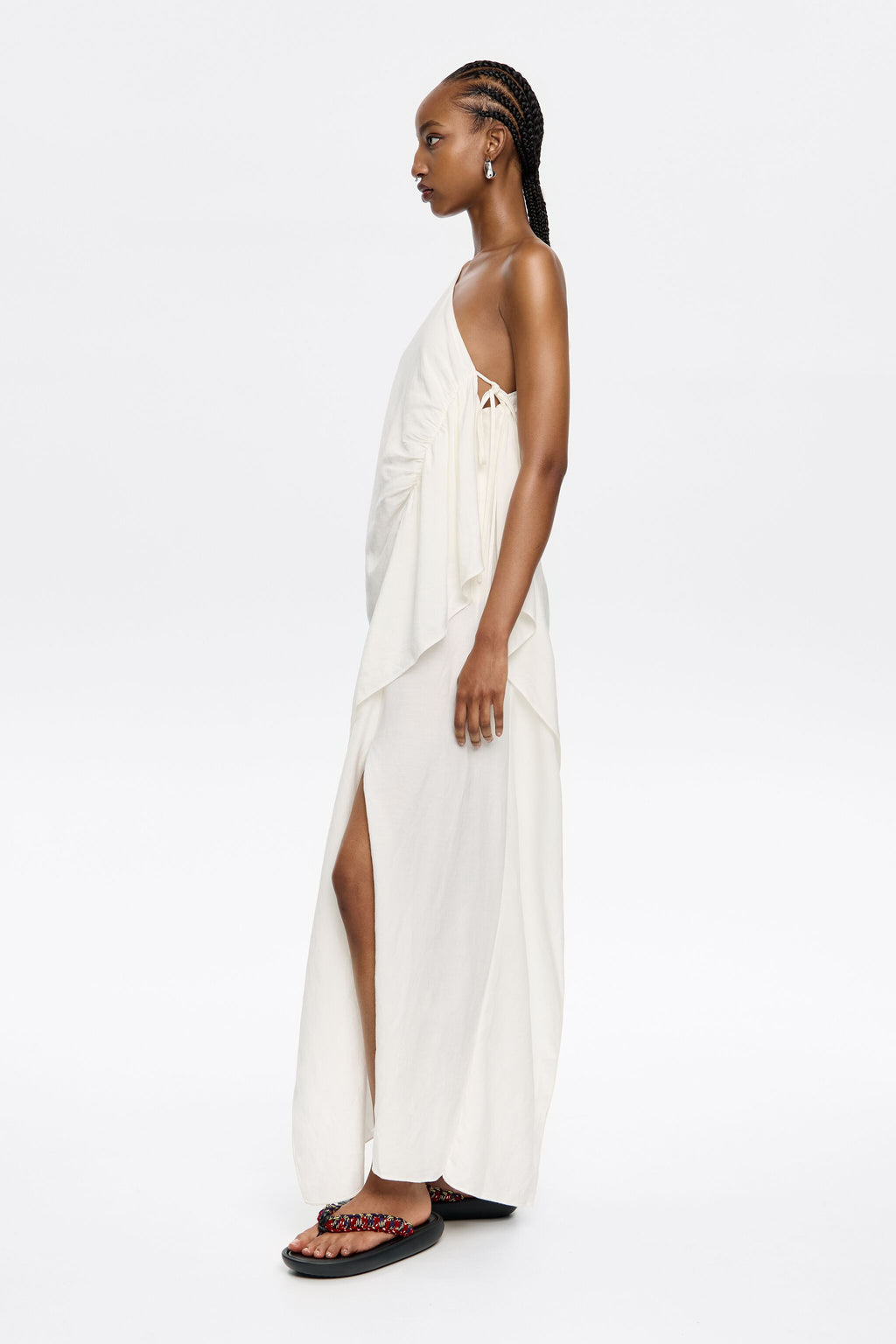 White linen ruched dress with maxi scarves