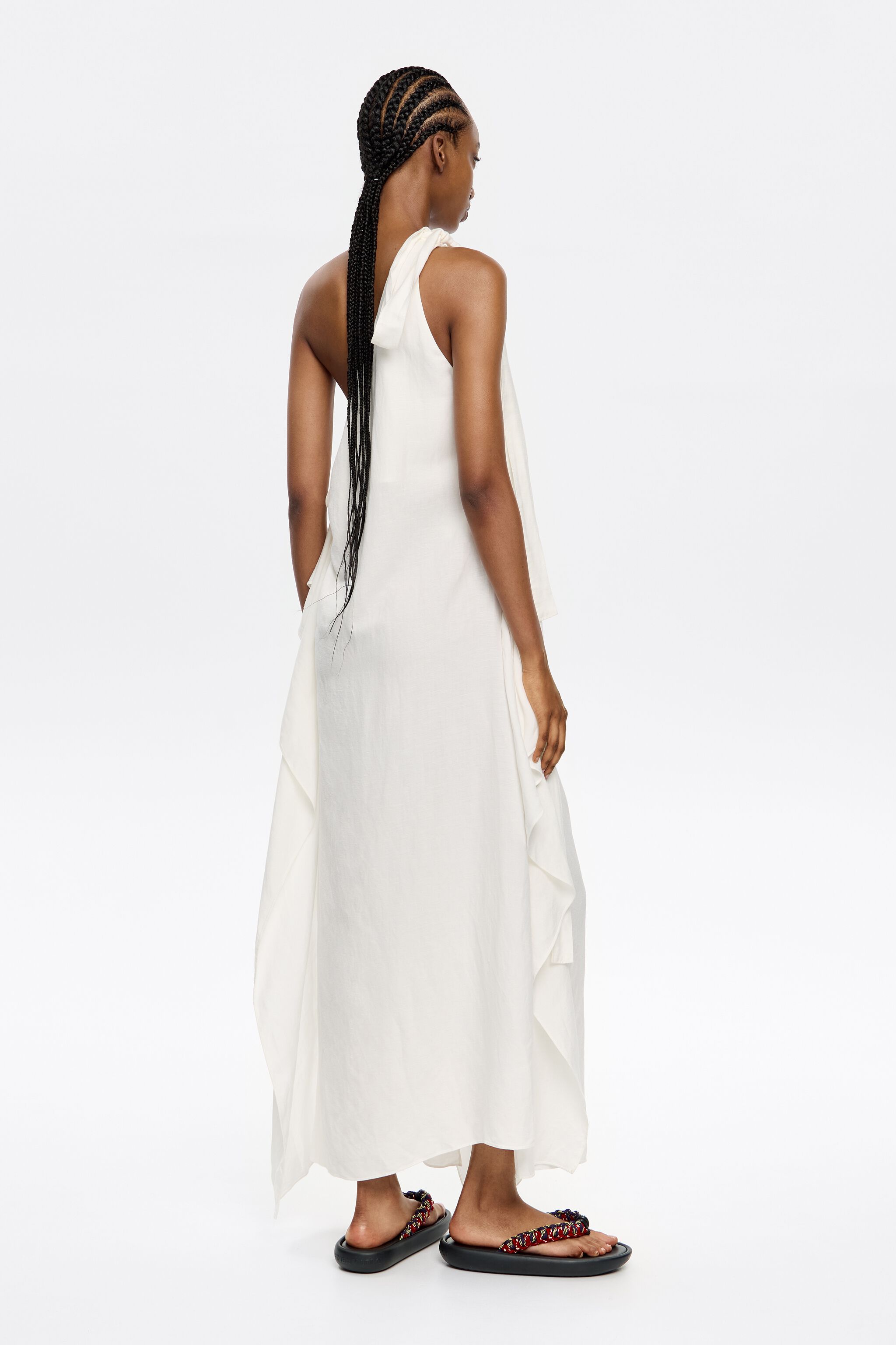 White linen ruched dress with maxi scarves