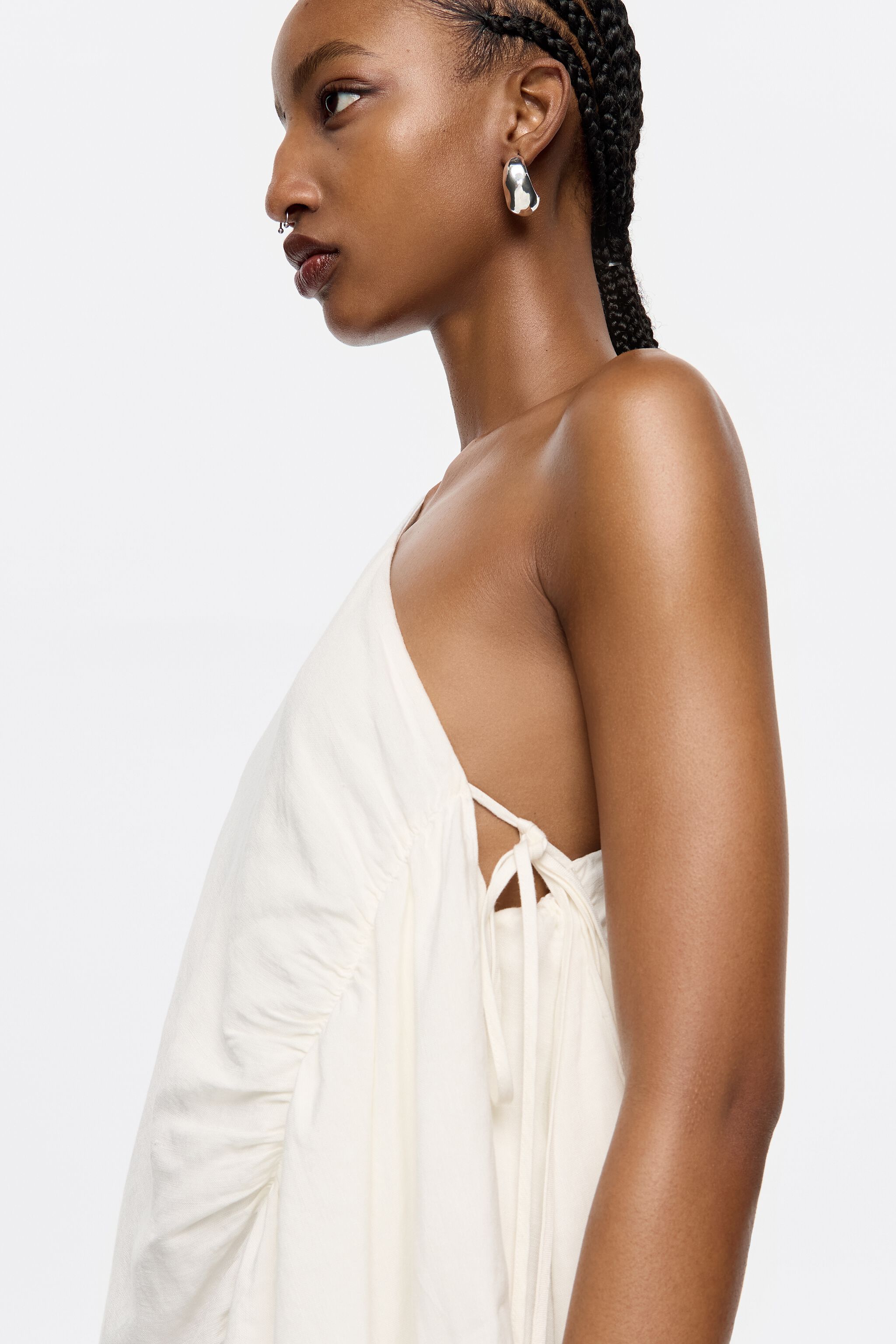 White linen ruched dress with maxi scarves