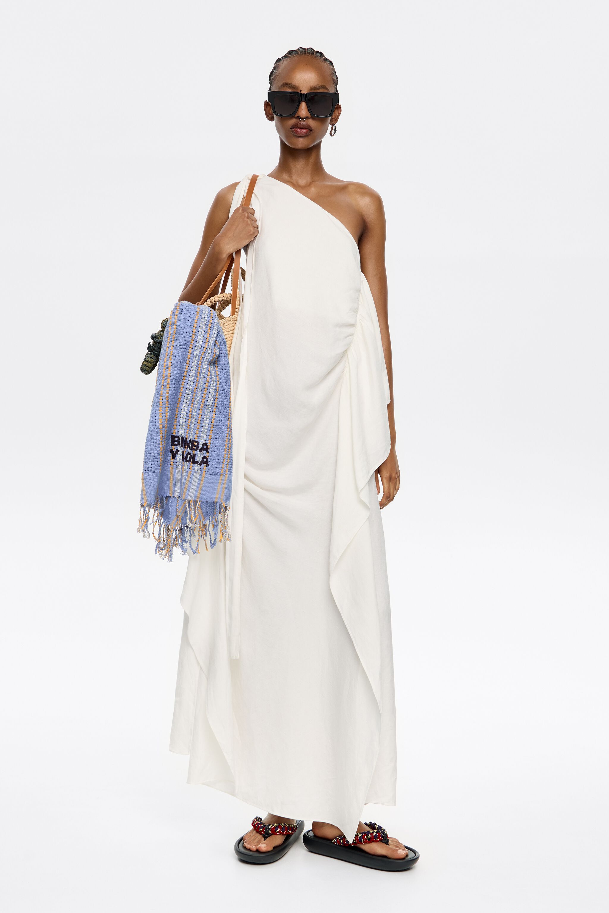 White linen ruched dress with maxi scarves