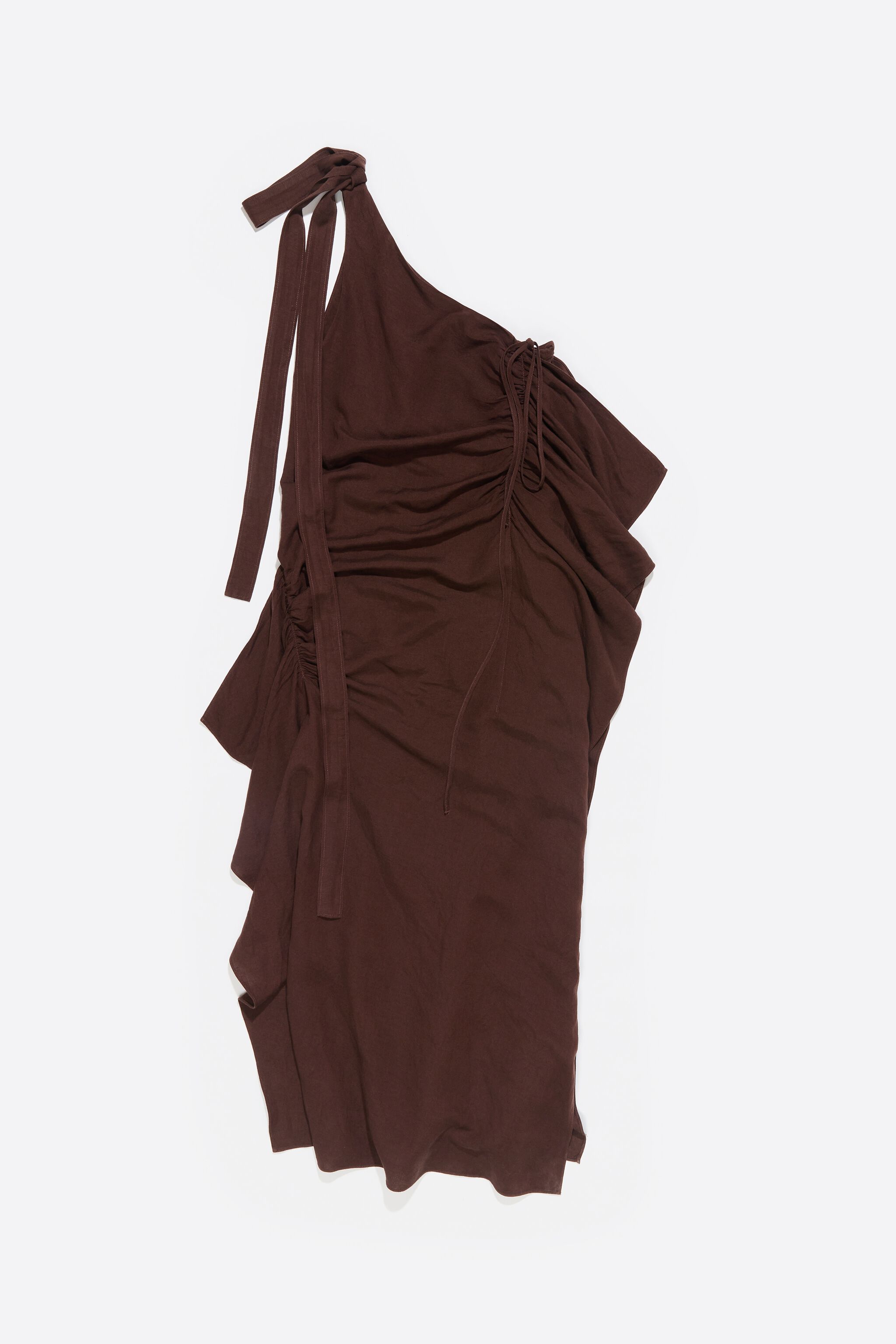 Dark brown linen ruched dress with maxi scarves