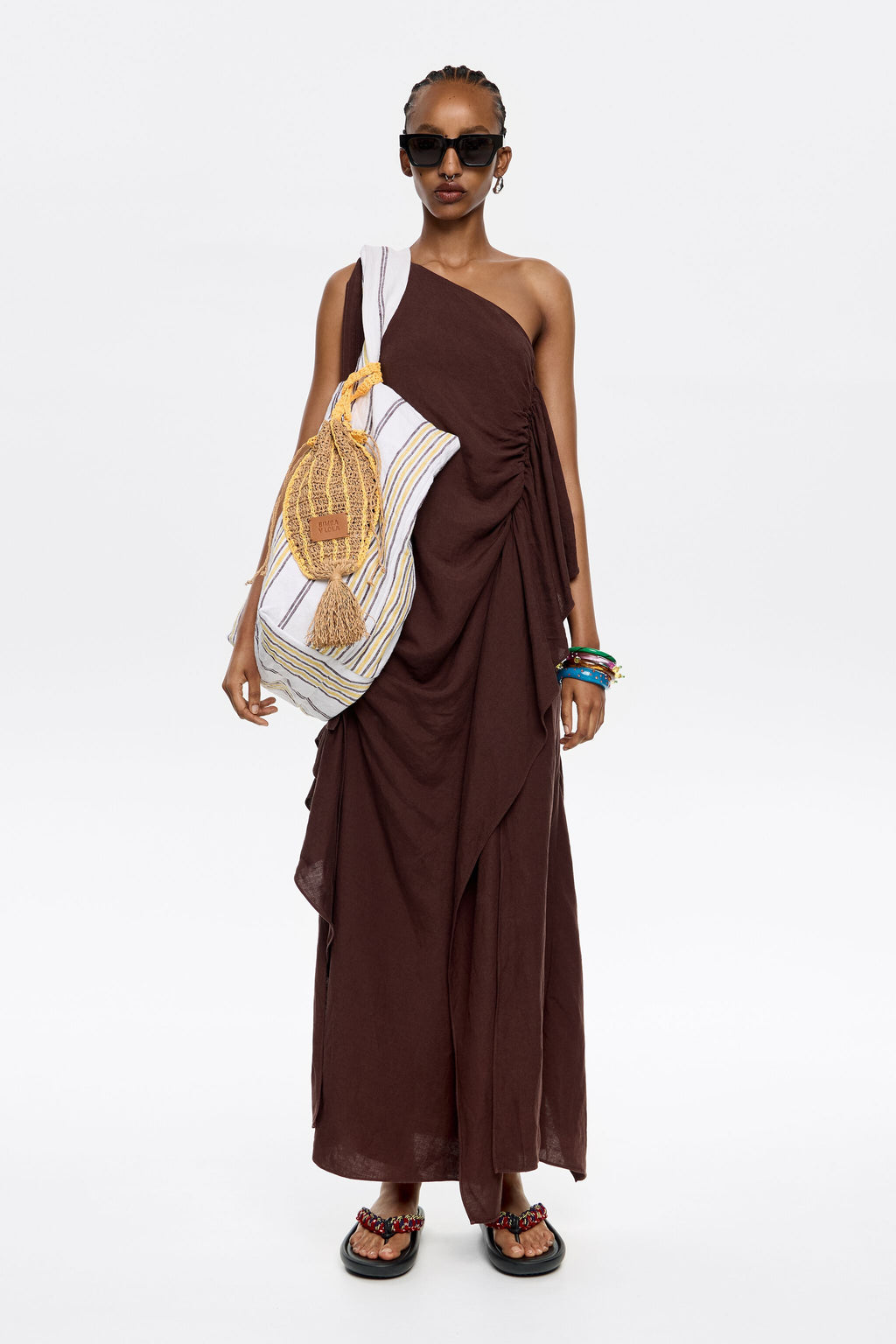 Dark brown linen ruched dress with maxi scarves