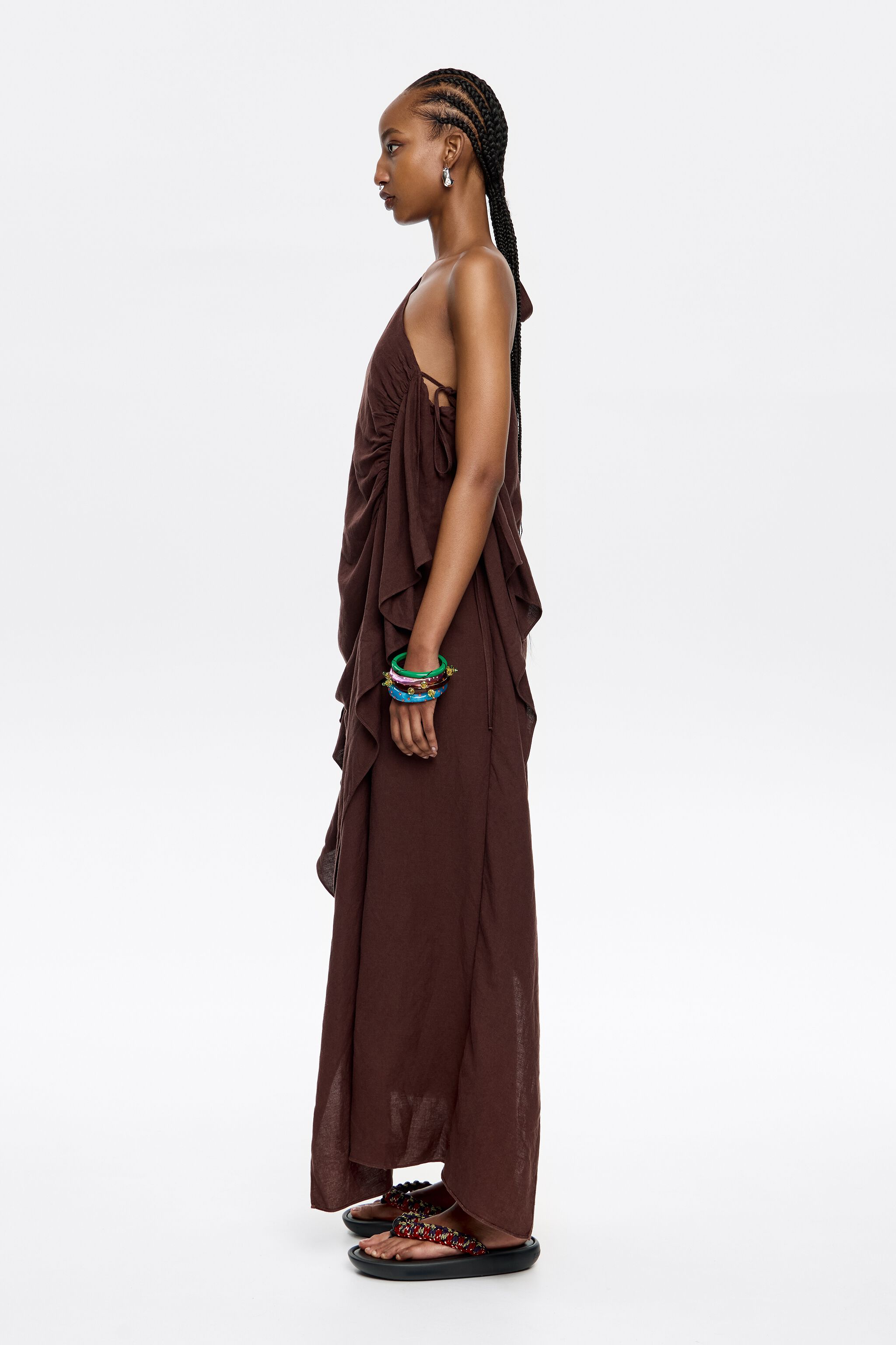 Dark brown linen ruched dress with maxi scarves