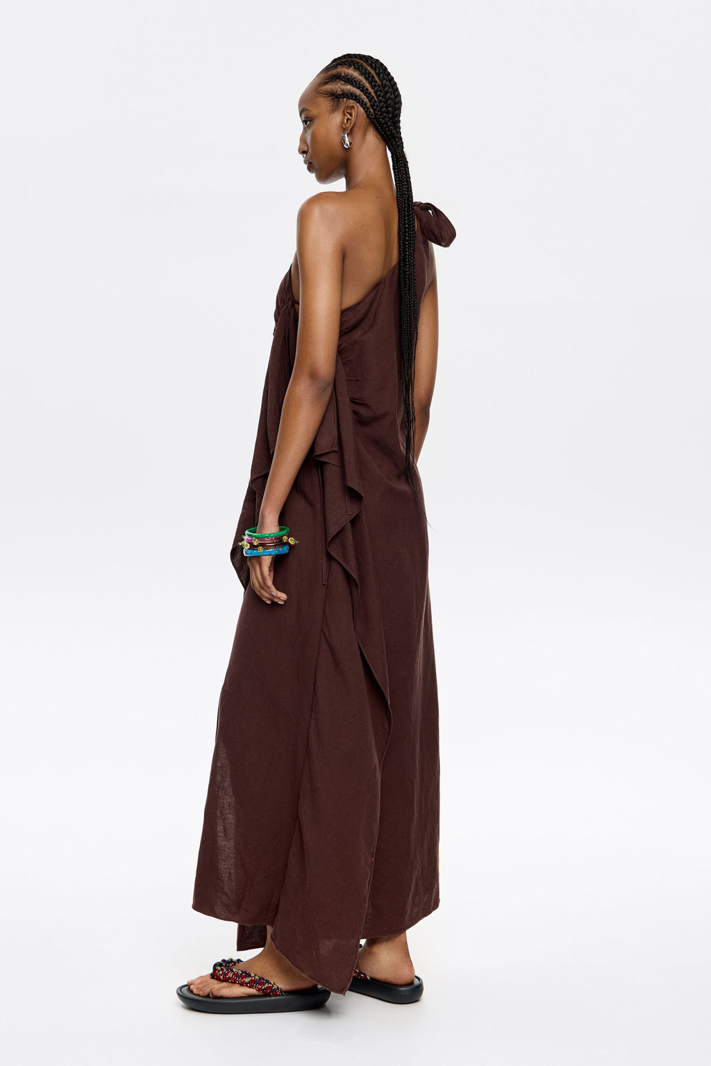 Dark brown linen ruched dress with maxi scarves