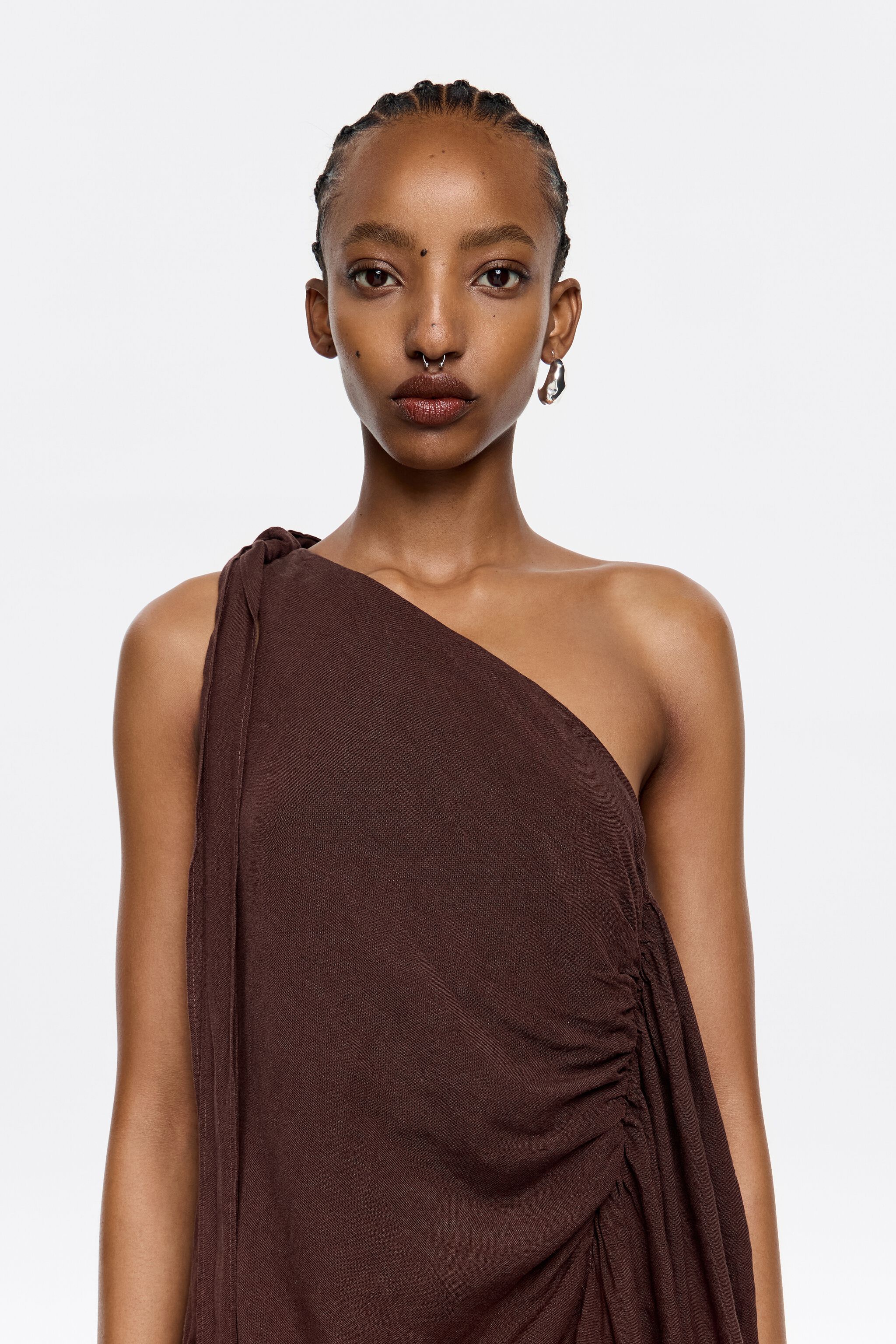 Dark brown linen ruched dress with maxi scarves