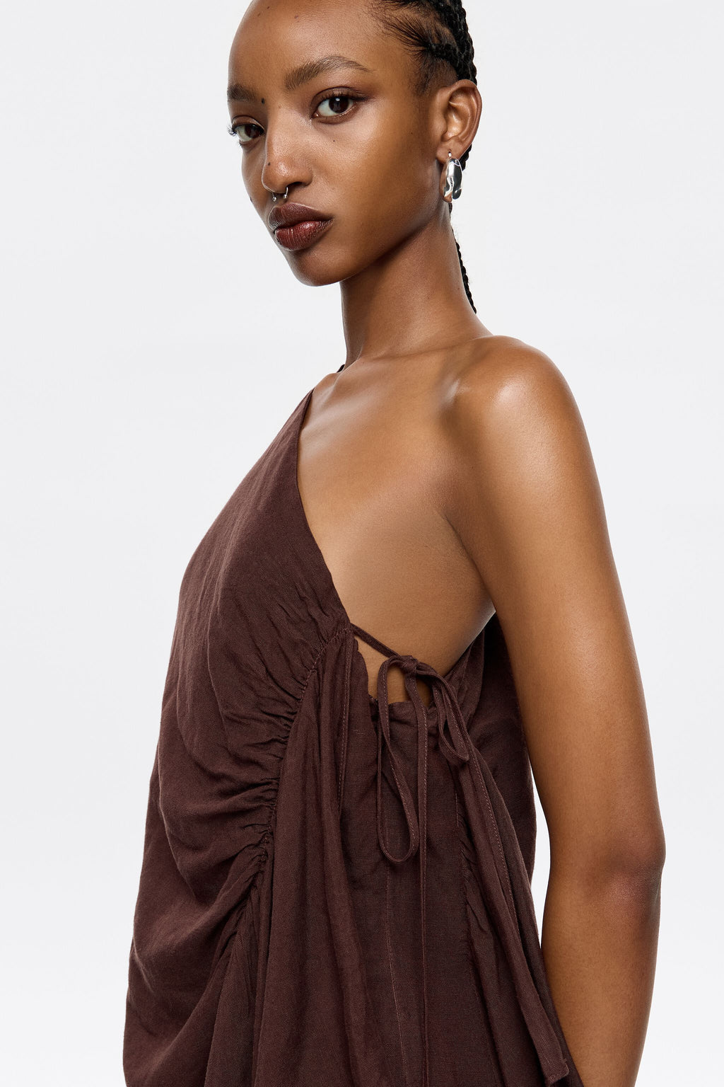Dark brown linen ruched dress with maxi scarves