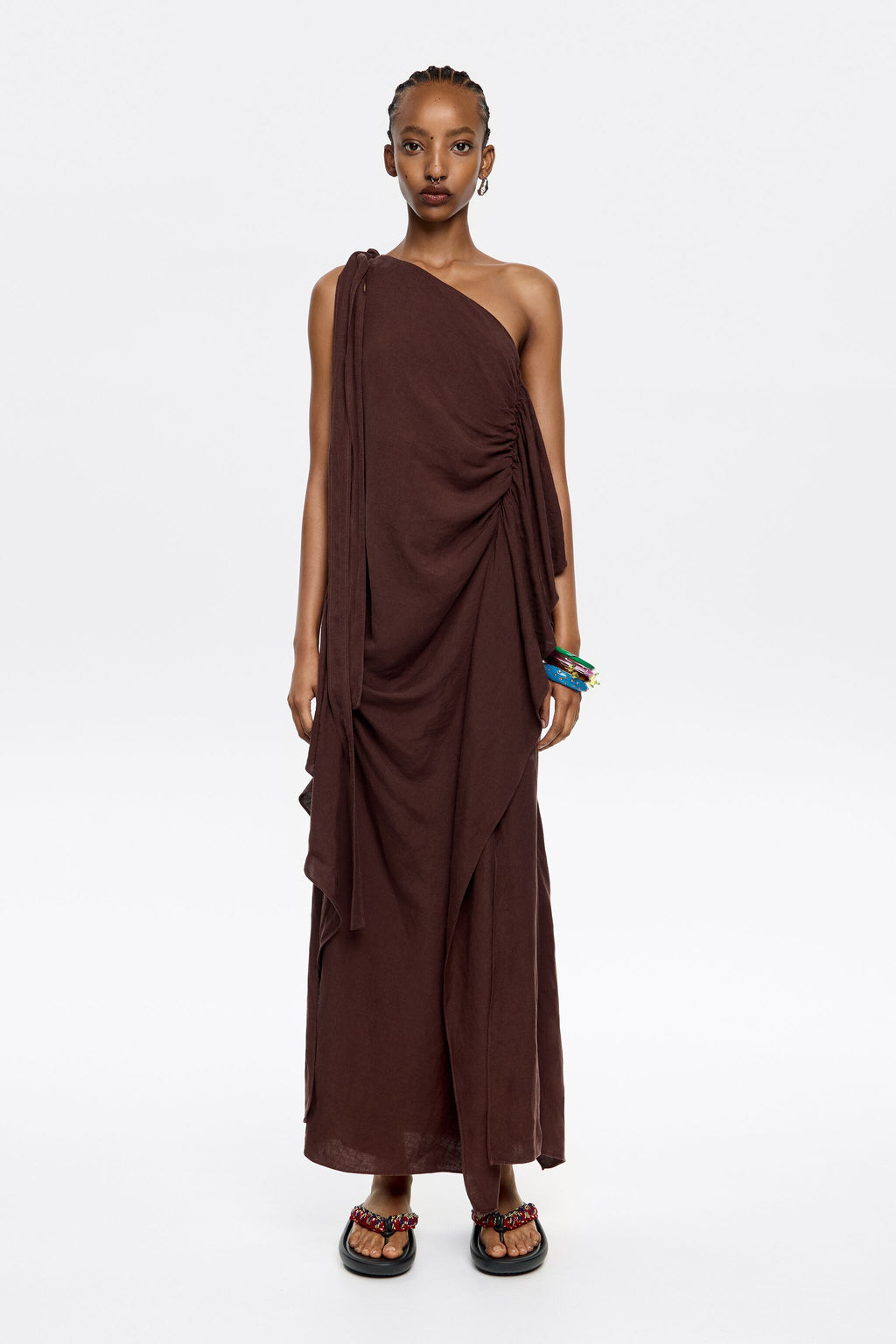 Dark brown linen ruched dress with maxi scarves