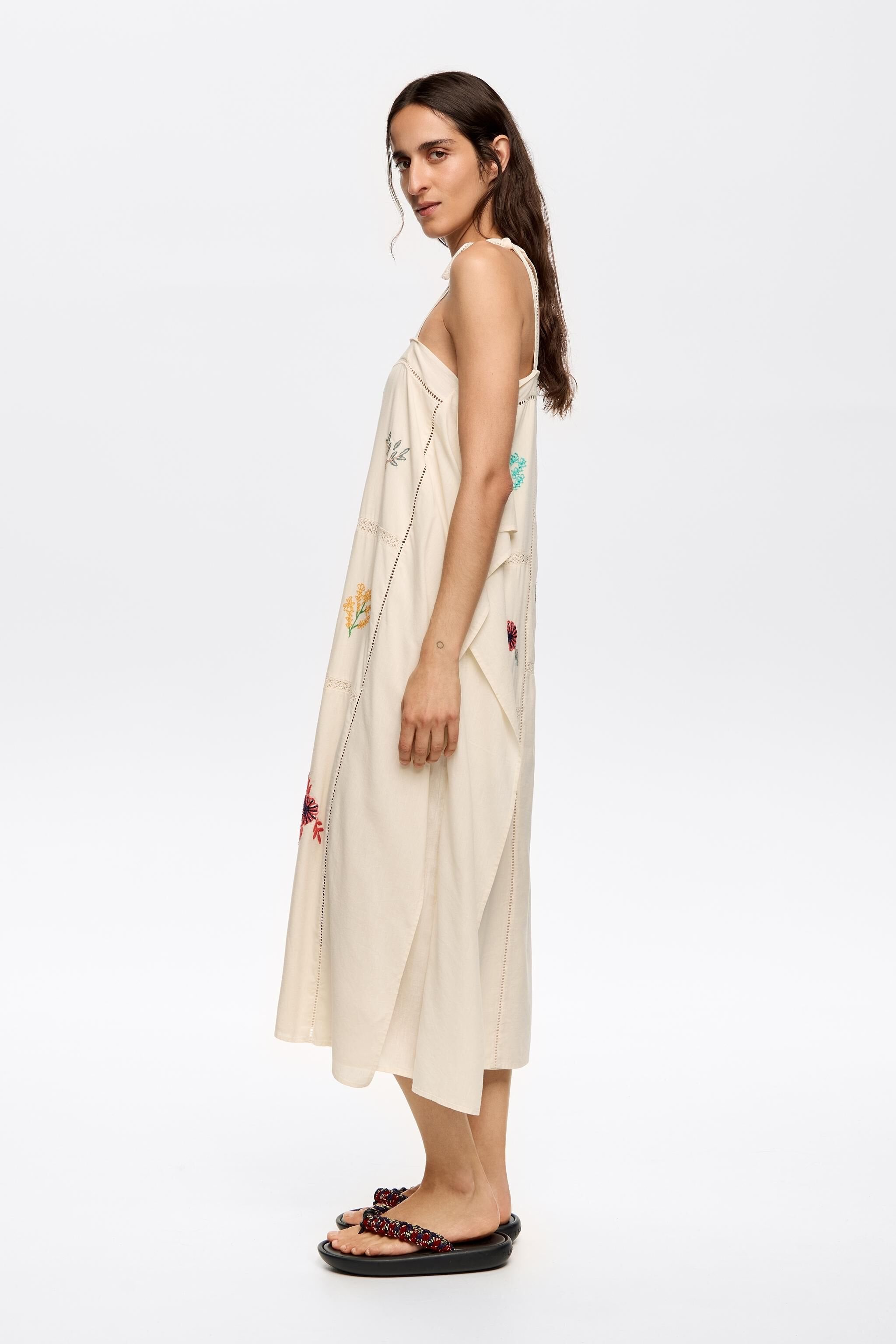 Cream scarf dress with multicolor embroidery