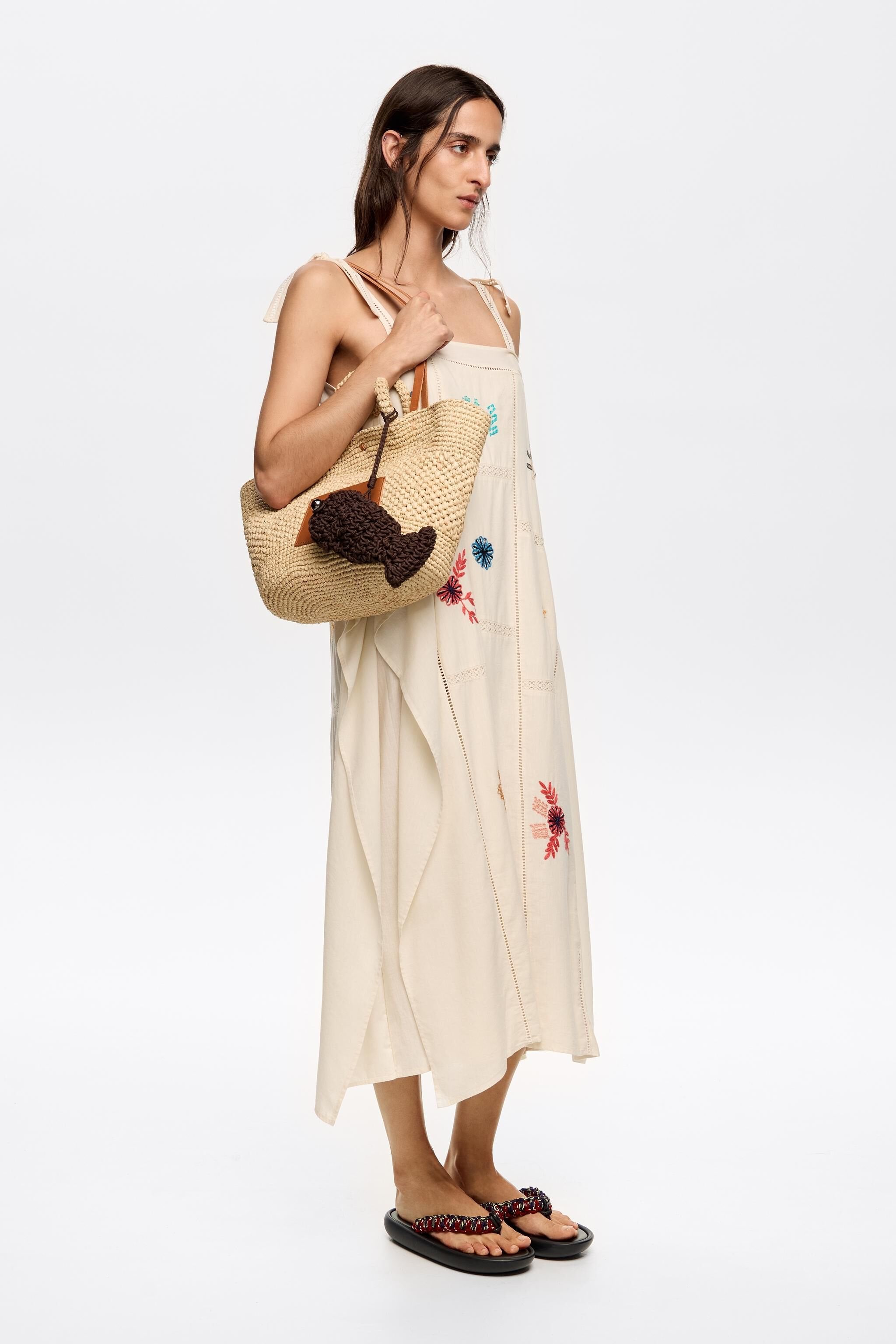 Cream scarf dress with multicolor embroidery