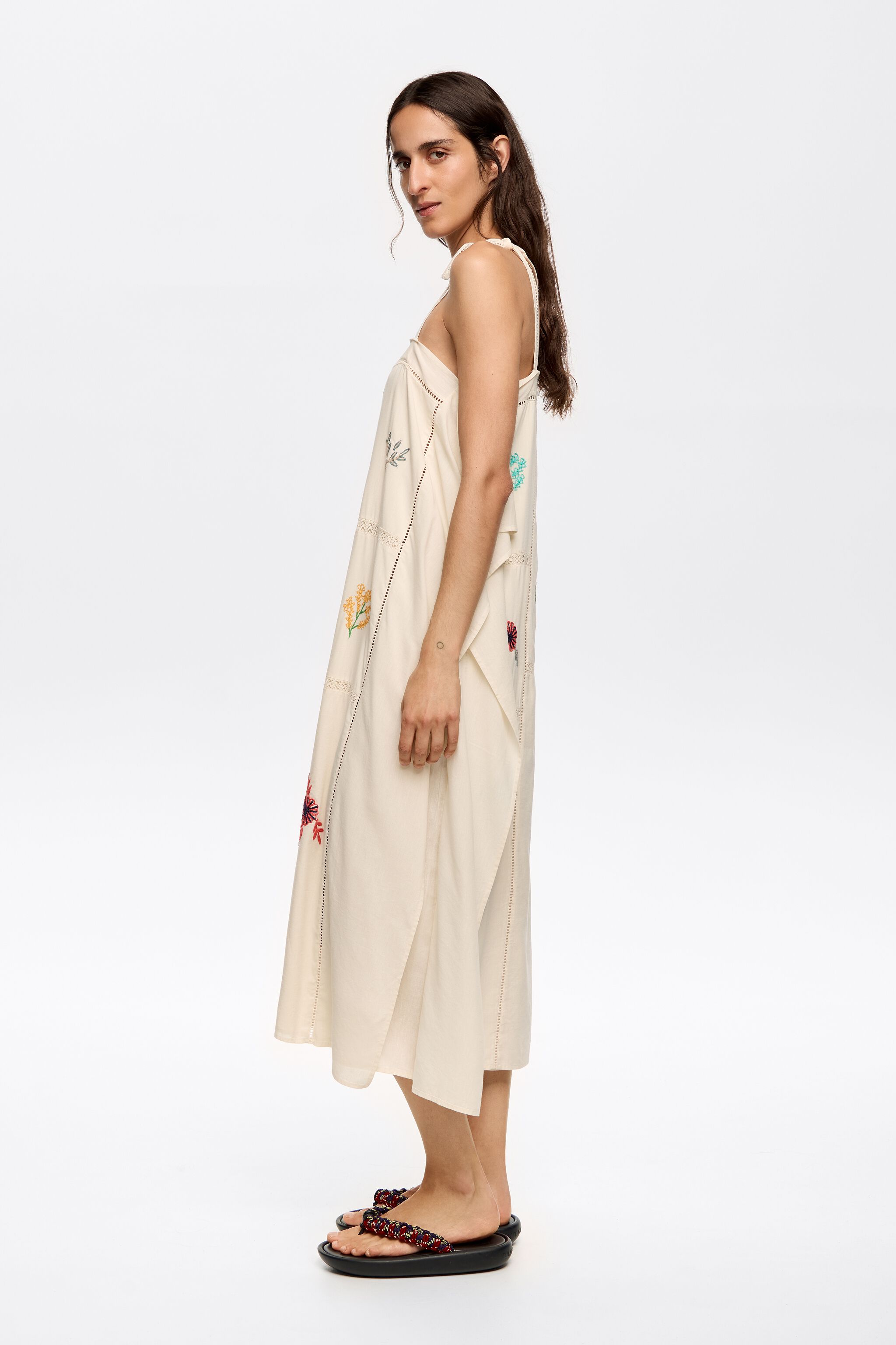 Cream scarf dress with multicolor embroidery