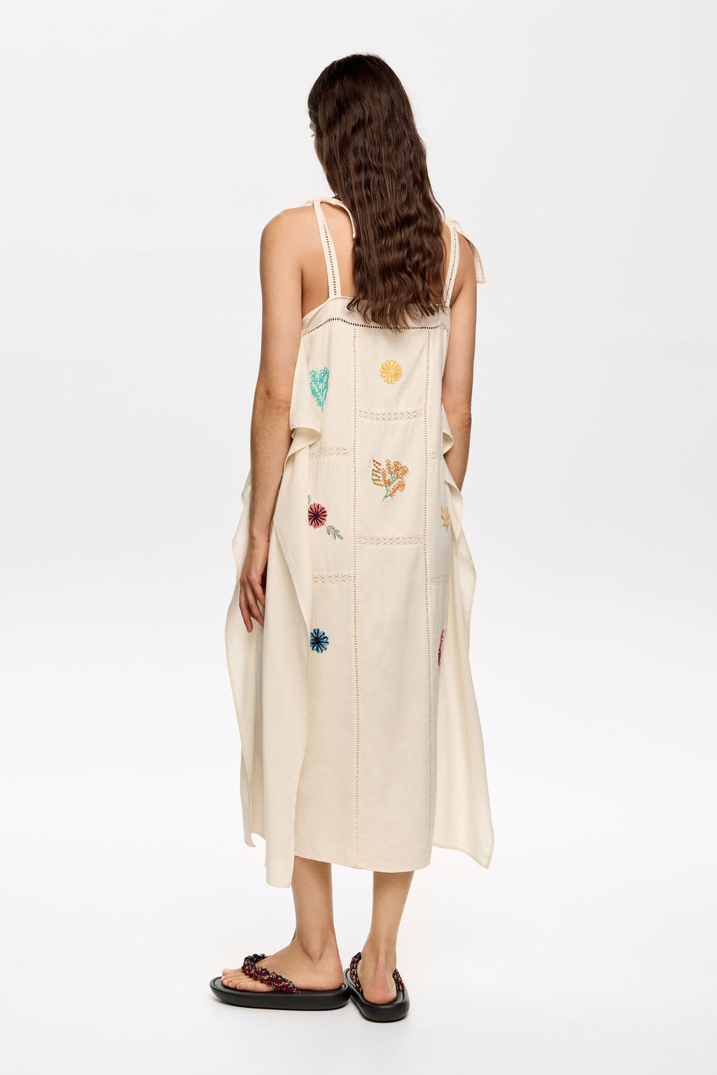 Cream scarf dress with multicolor embroidery