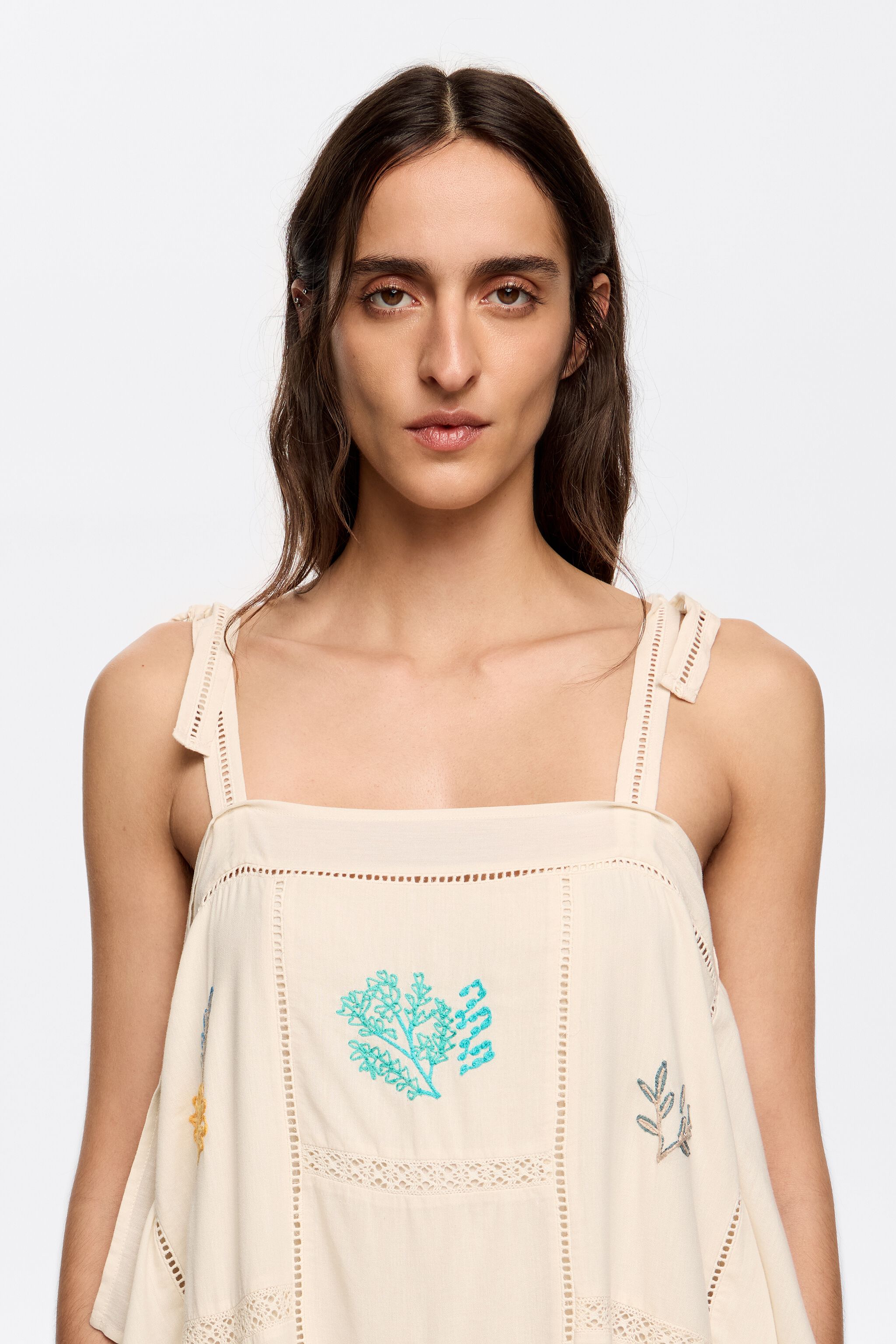 Cream scarf dress with multicolor embroidery