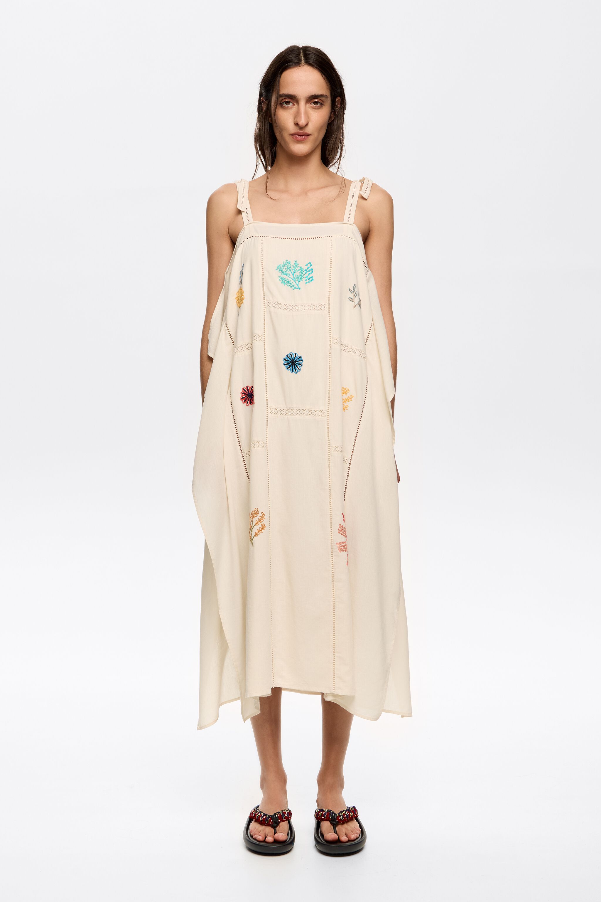 Cream scarf dress with multicolor embroidery