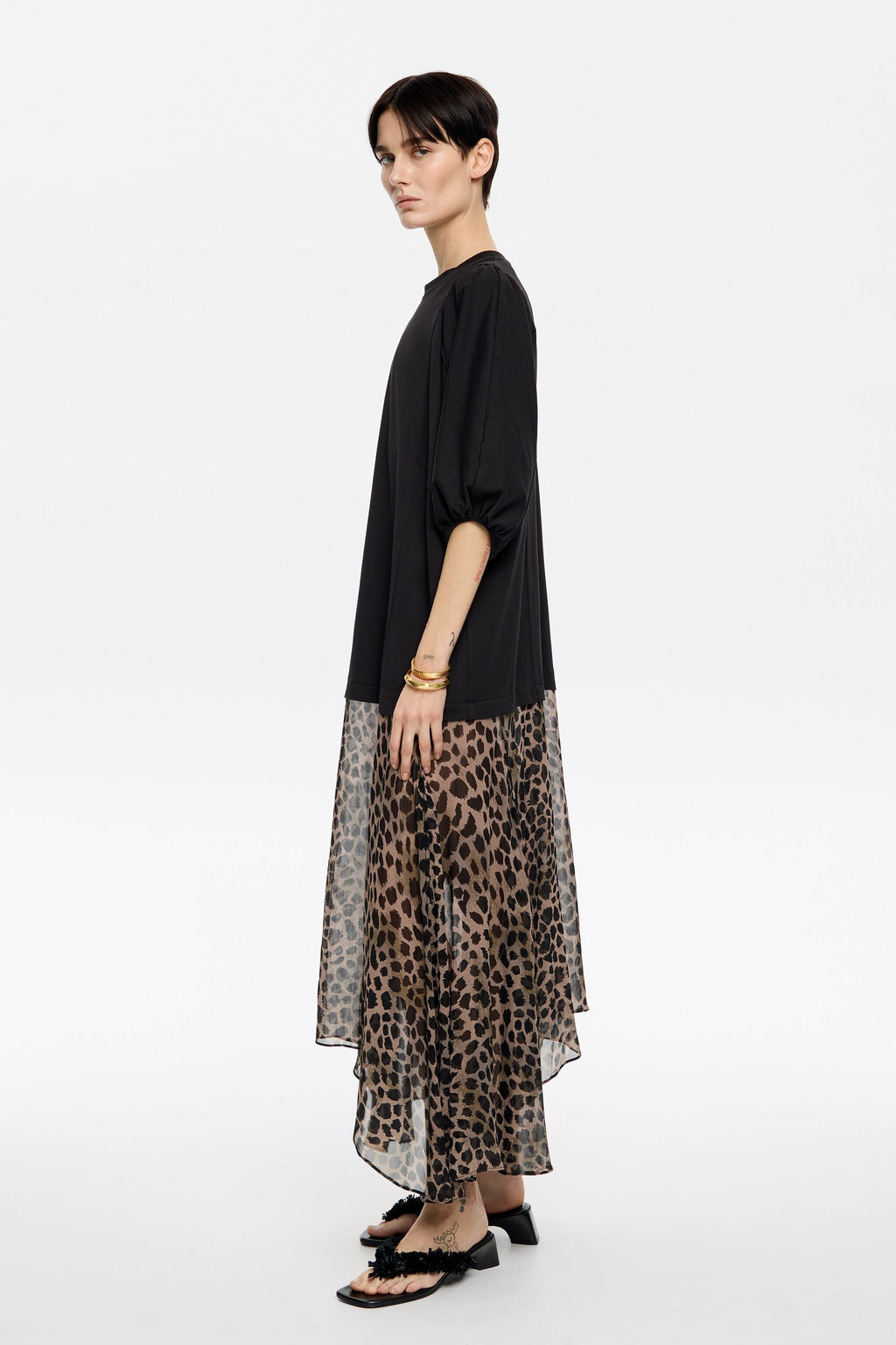 Khaki Cheetah two-material midi dress