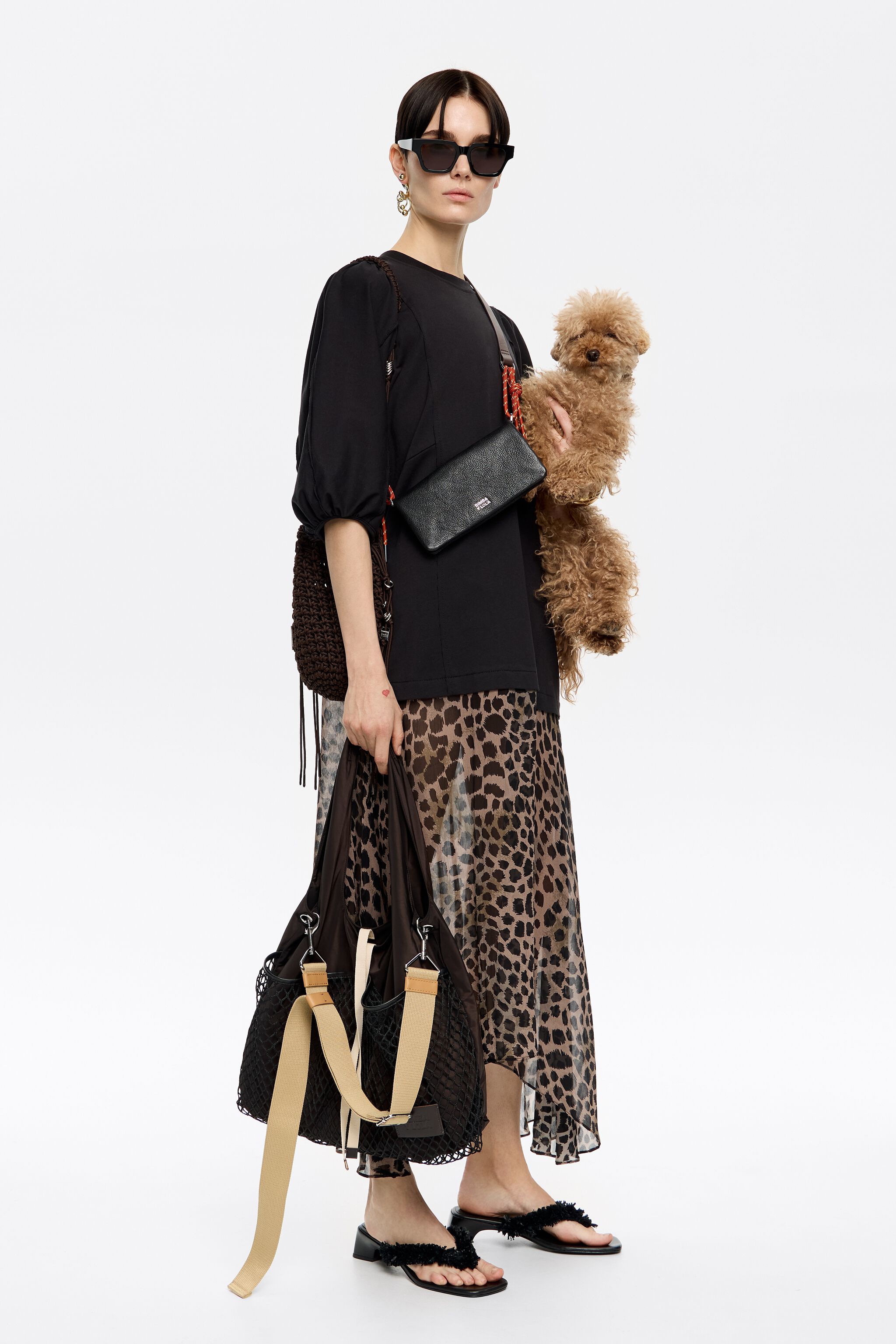 Khaki Cheetah two-material midi dress