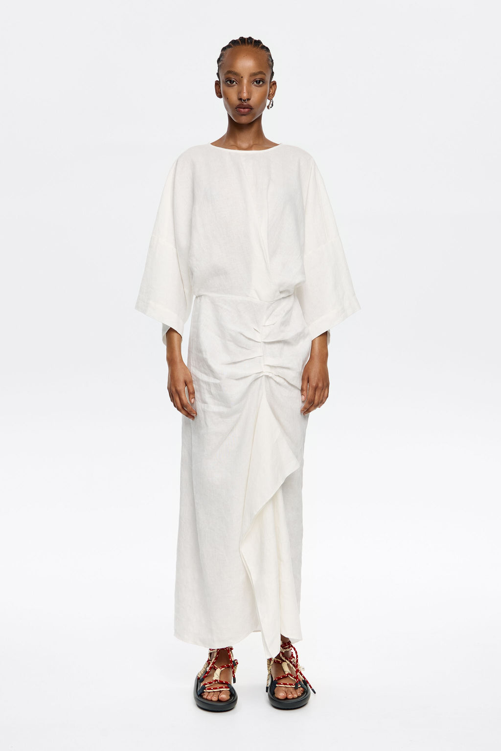 Ivory linen dress with ruffle