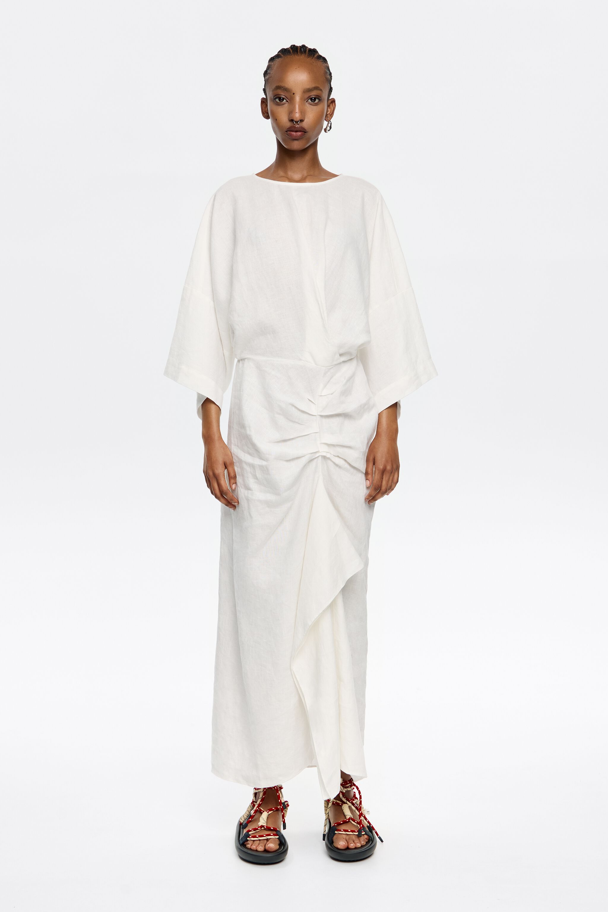 Ivory linen dress with ruffle