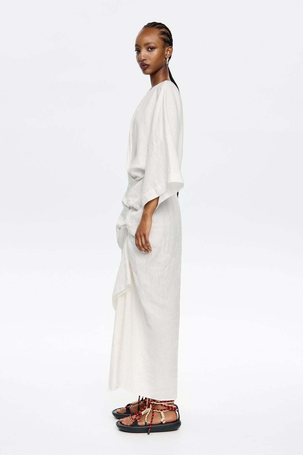 Ivory linen dress with ruffle
