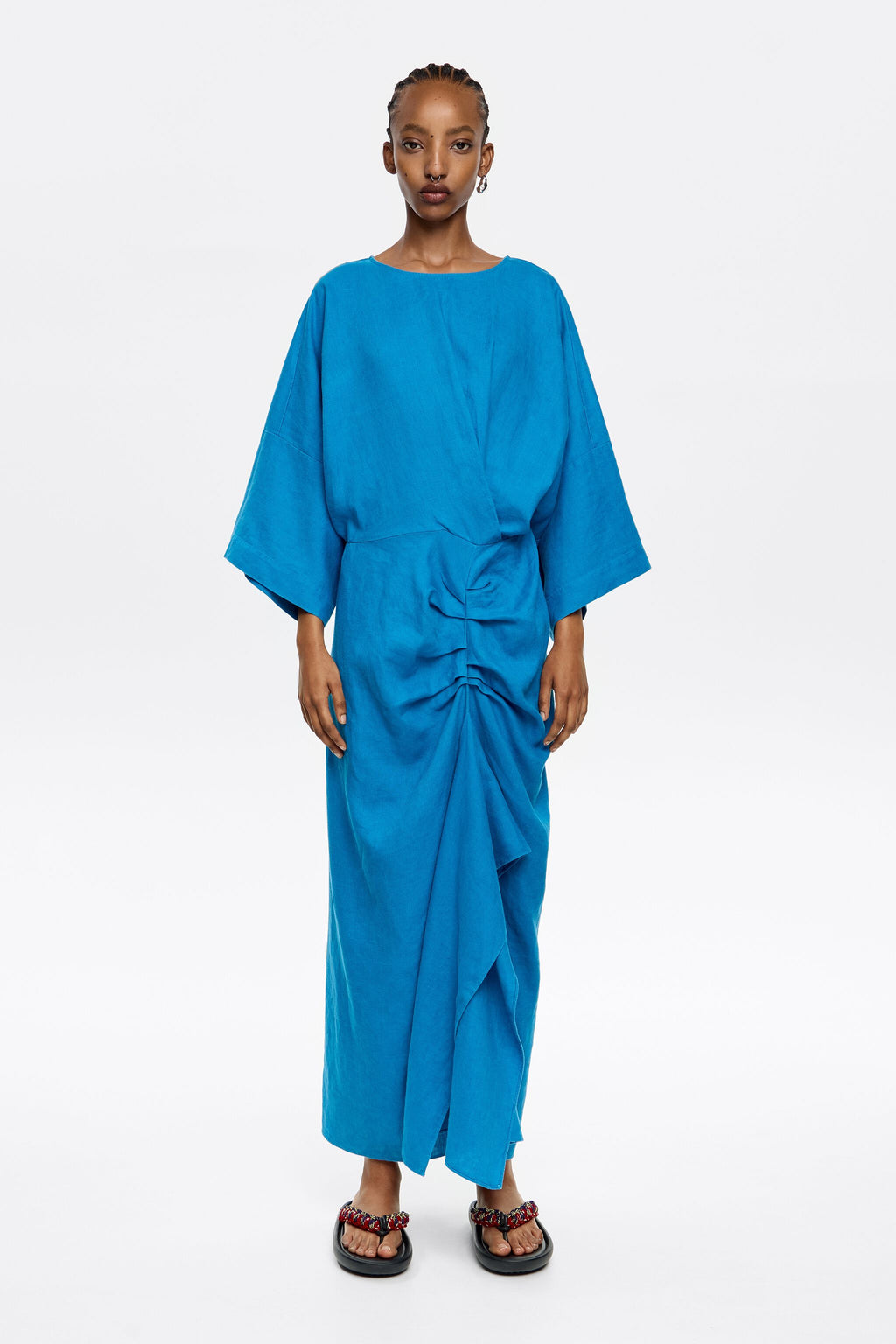 Electric blue linen dress with ruffle