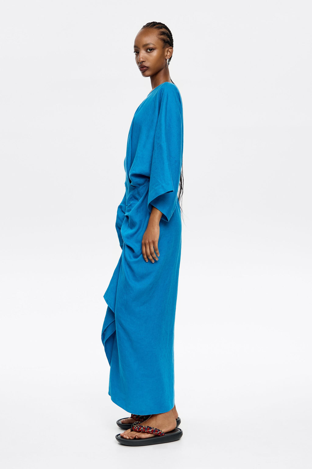 Electric blue linen dress with ruffle