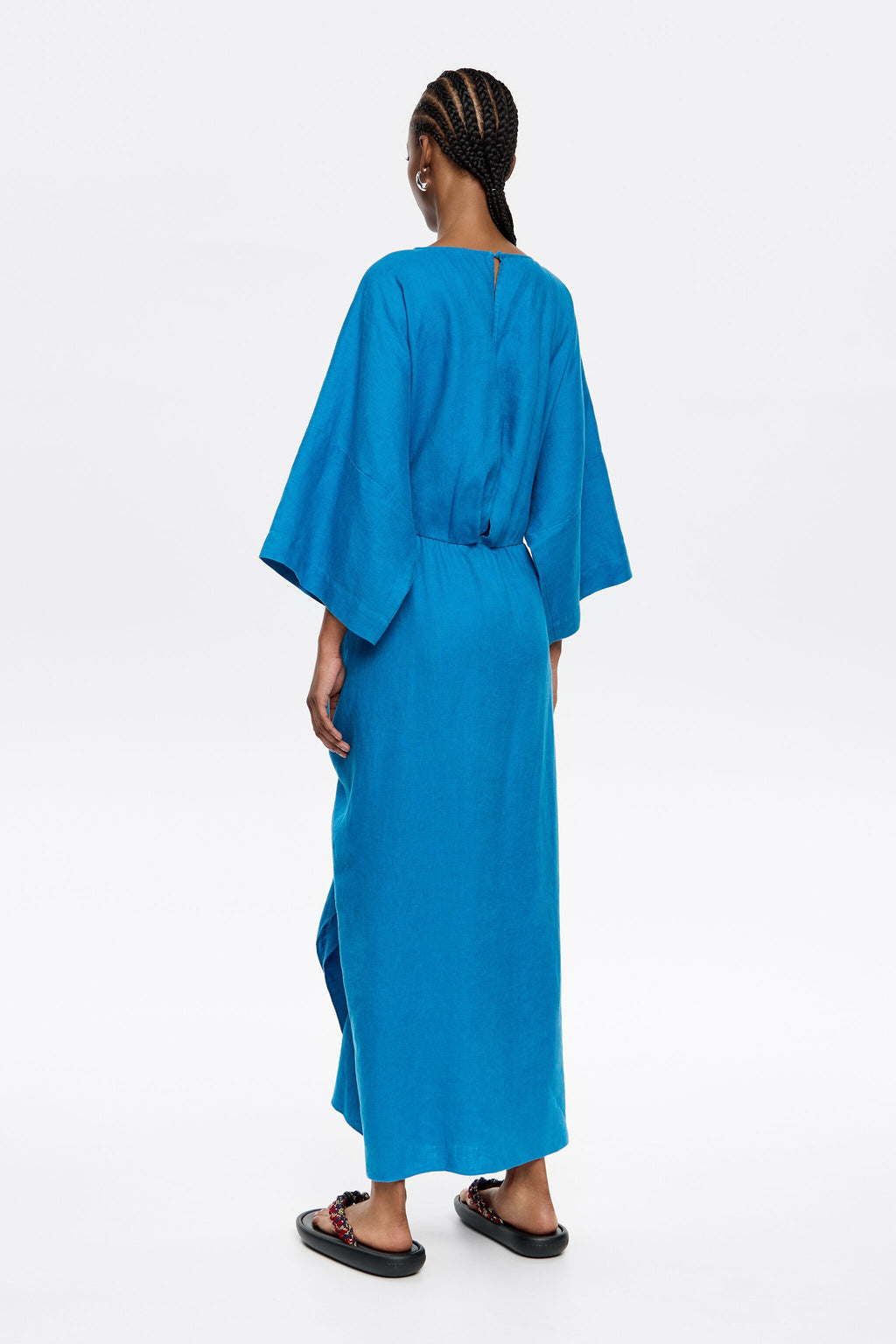 Electric blue linen dress with ruffle