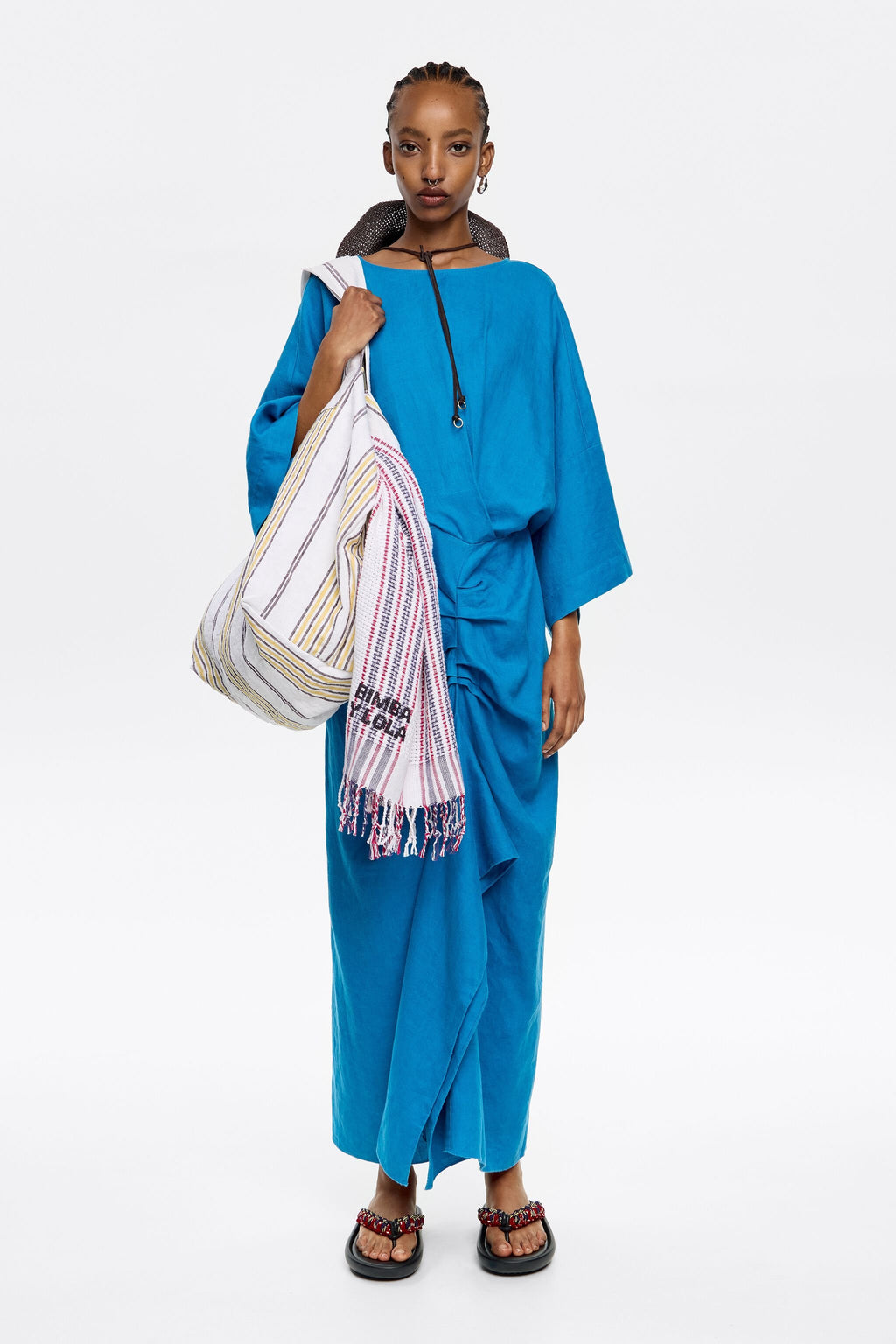 Electric blue linen dress with ruffle