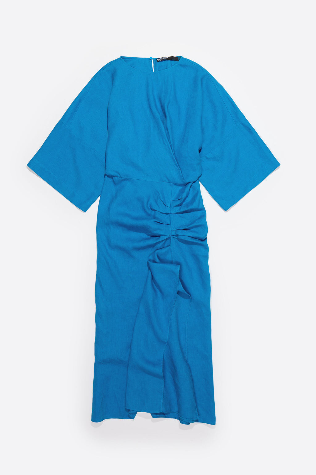 Electric blue linen dress with ruffle