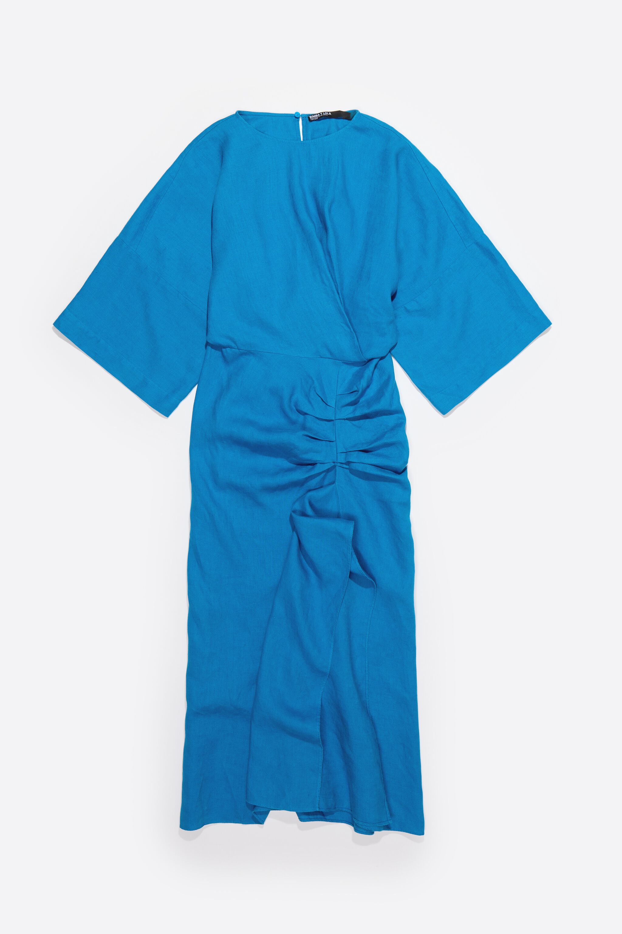Electric blue linen dress with ruffle