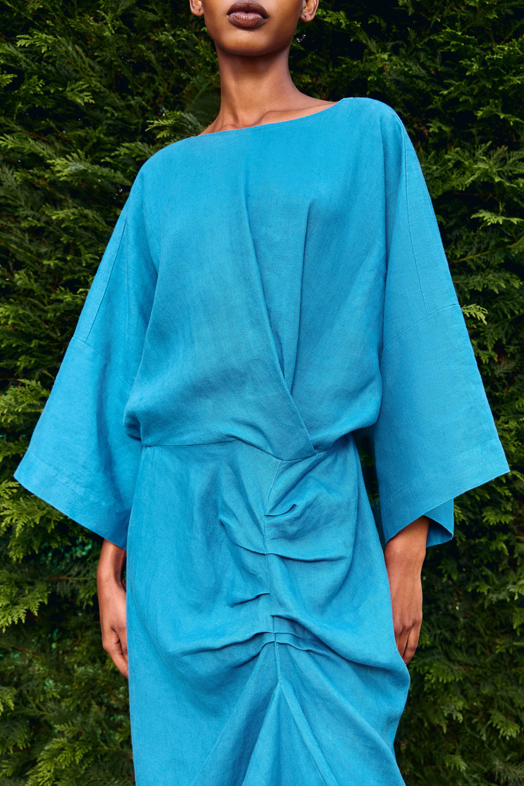 Electric blue linen dress with ruffle