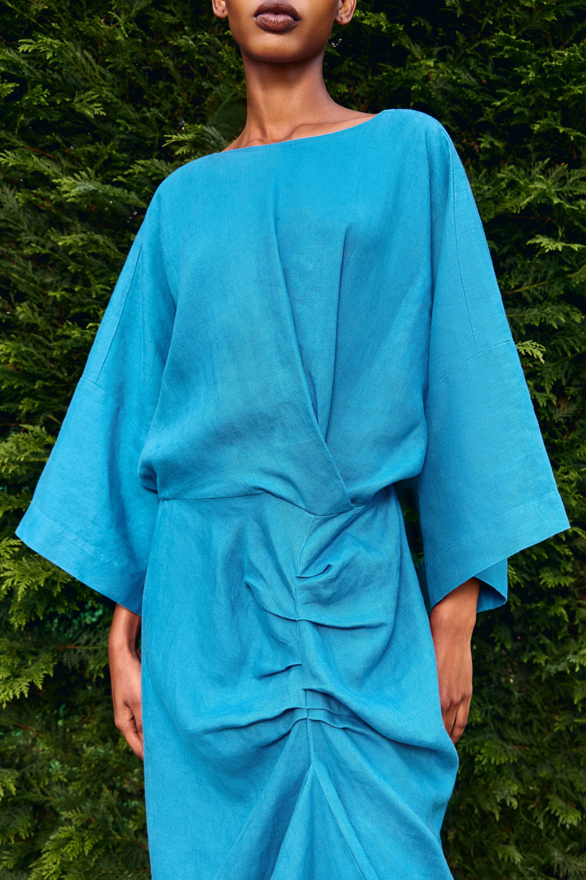 Electric blue linen dress with ruffle