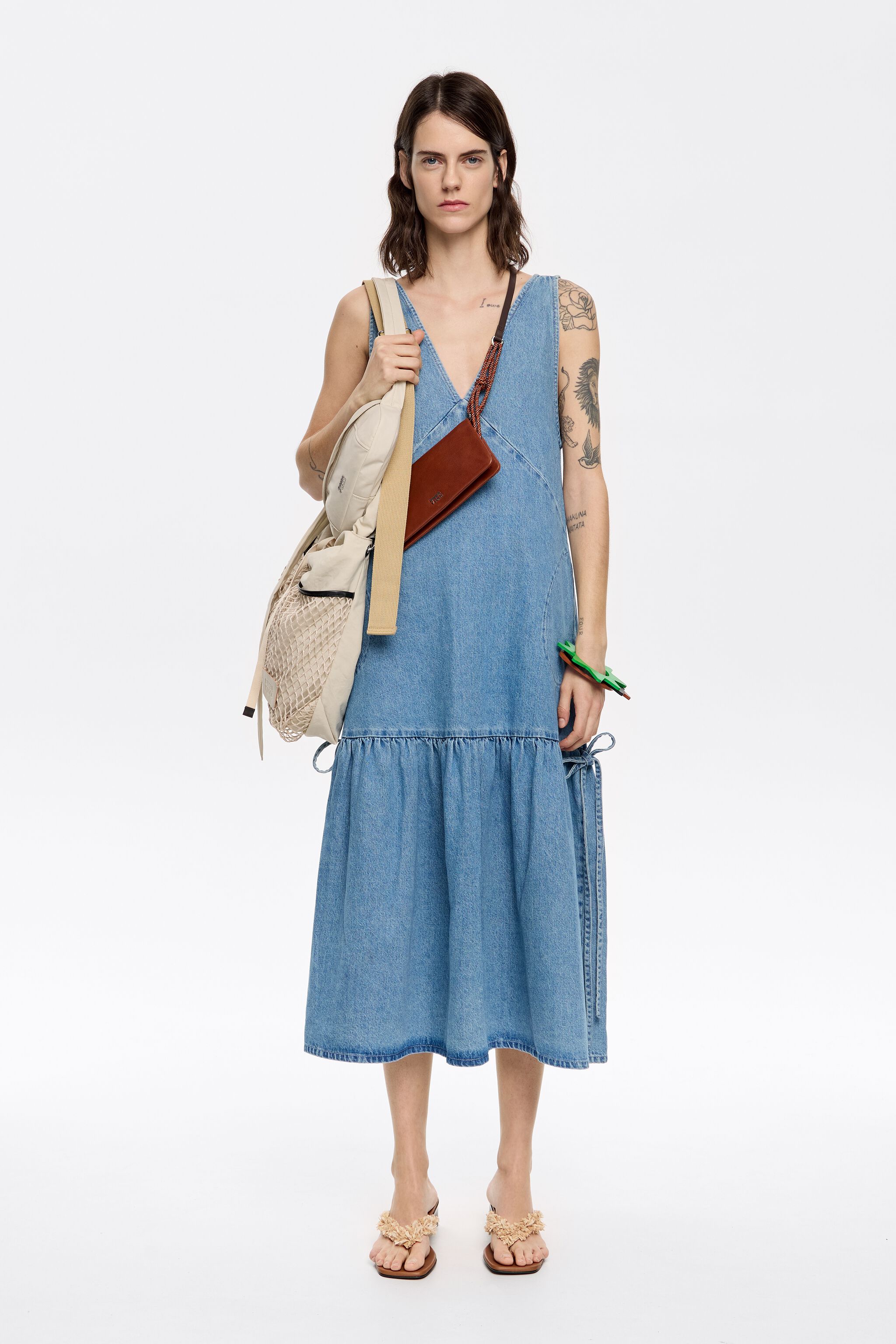 Blue denim flared midi dress