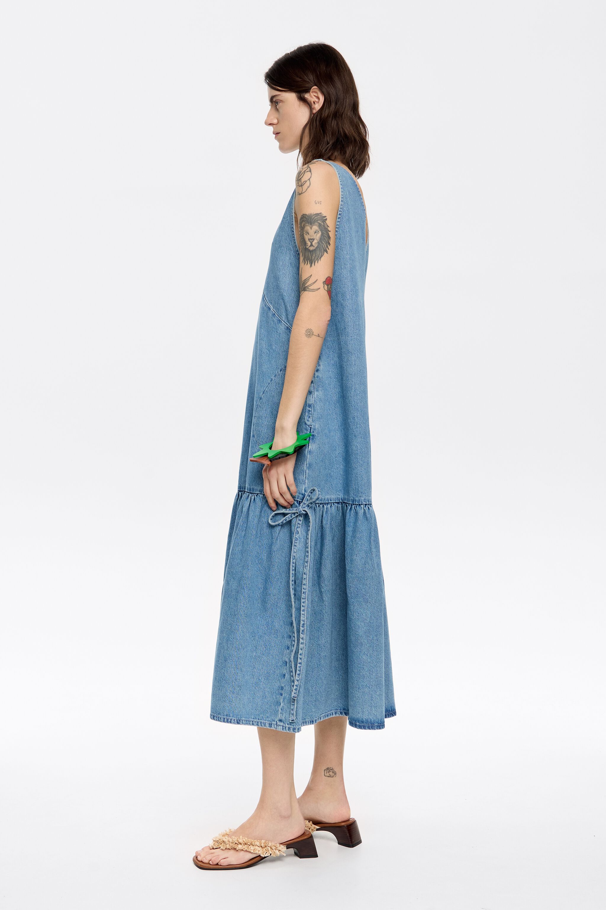 Blue denim flared midi dress