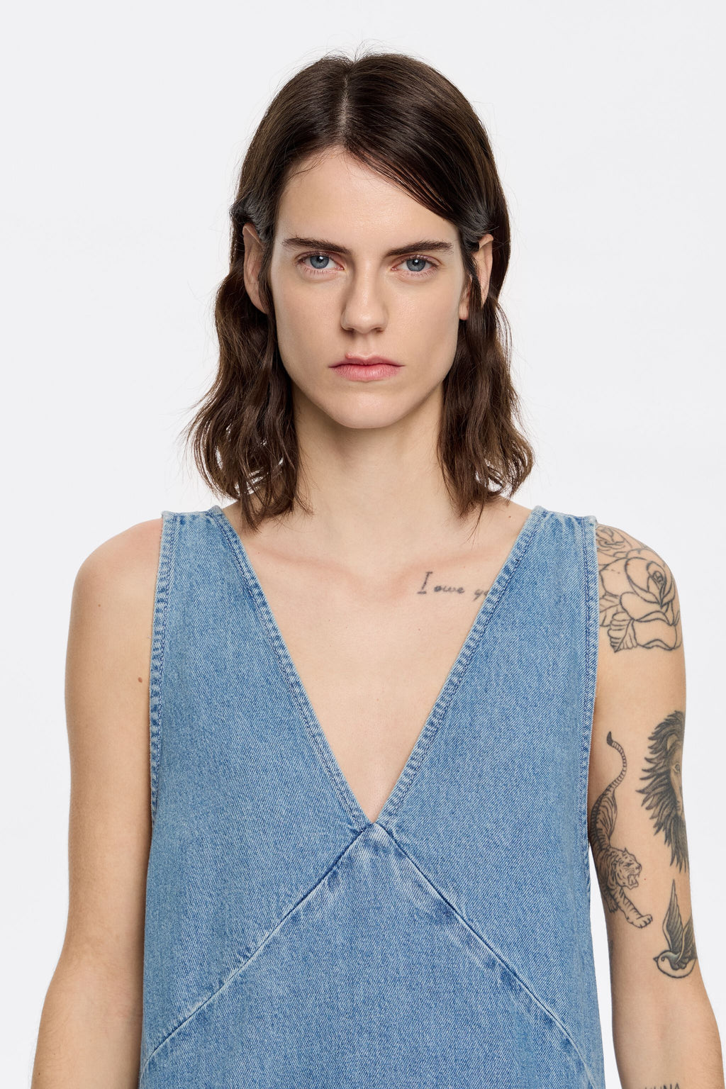 Blue denim flared midi dress