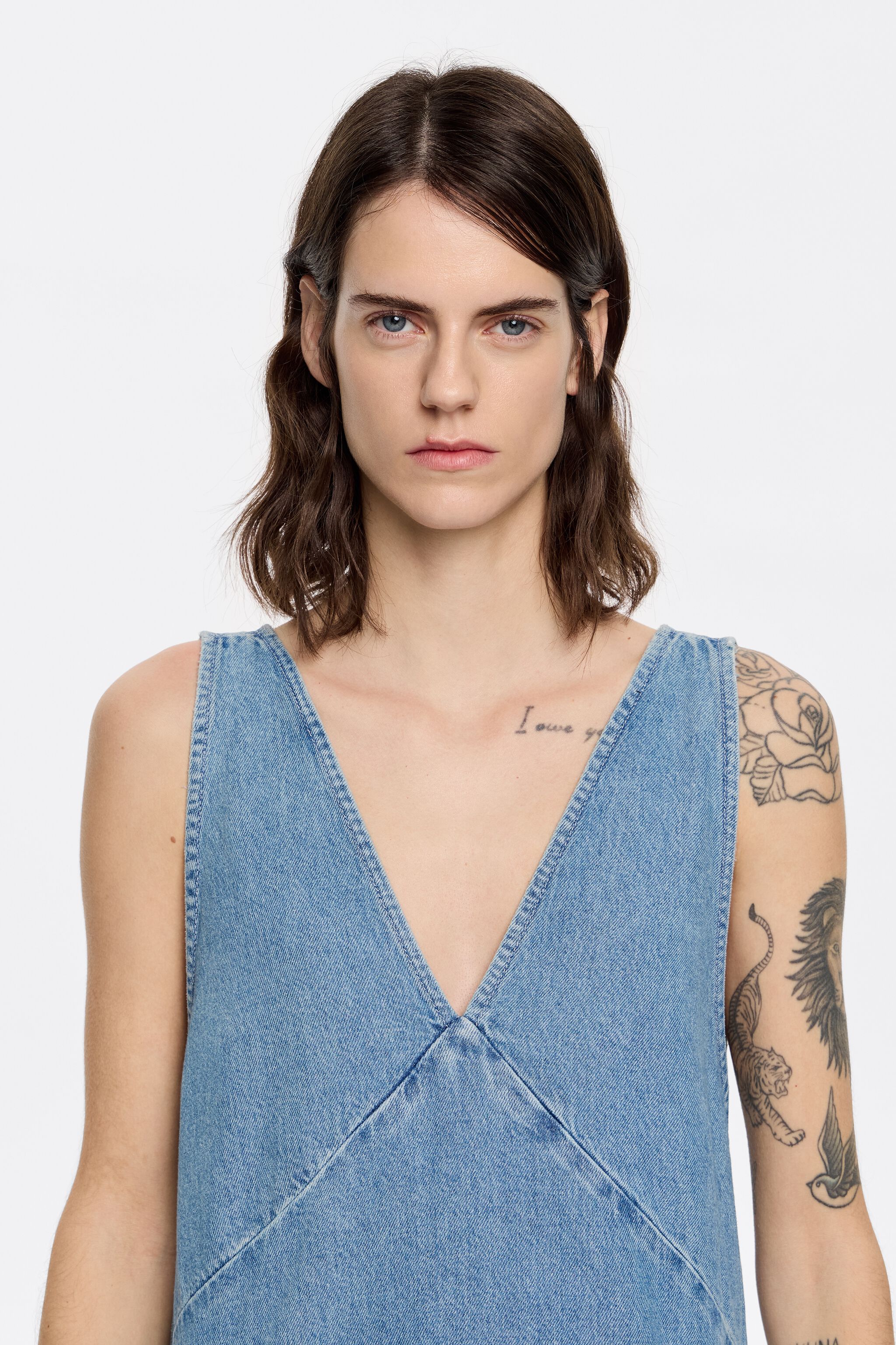 Blue denim flared midi dress