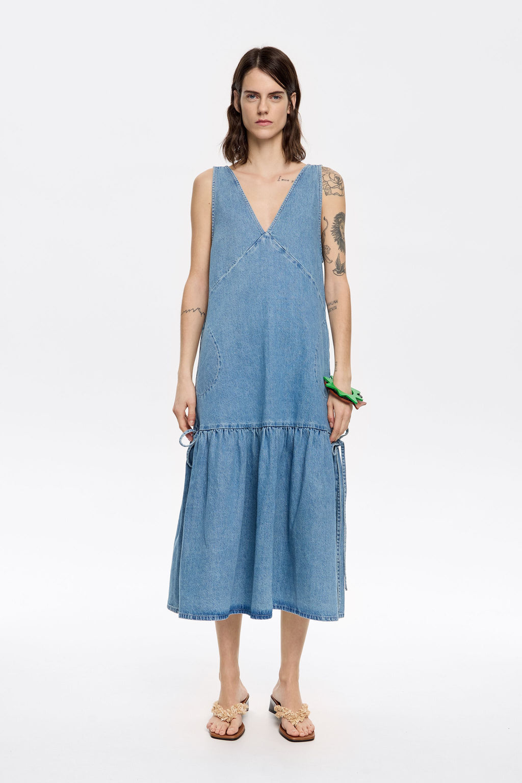 Blue denim flared midi dress