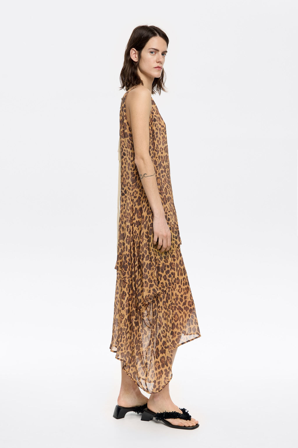 Beige Leopard fluid asymmetric dress