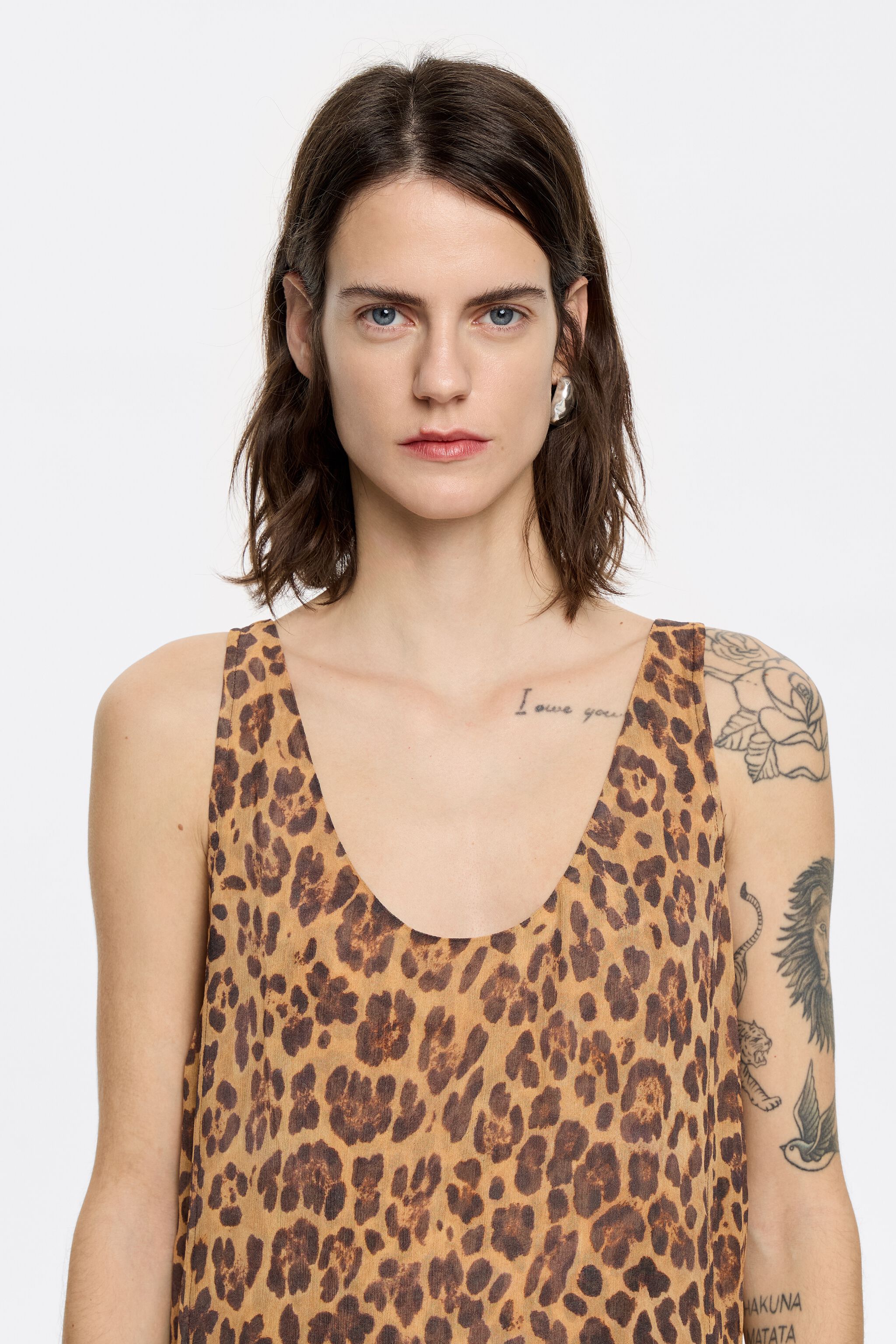 Beige Leopard fluid asymmetric dress