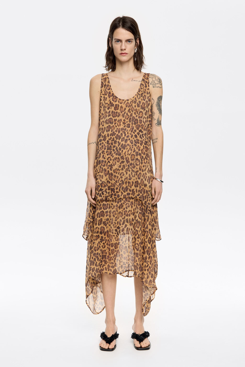 Beige Leopard fluid asymmetric dress