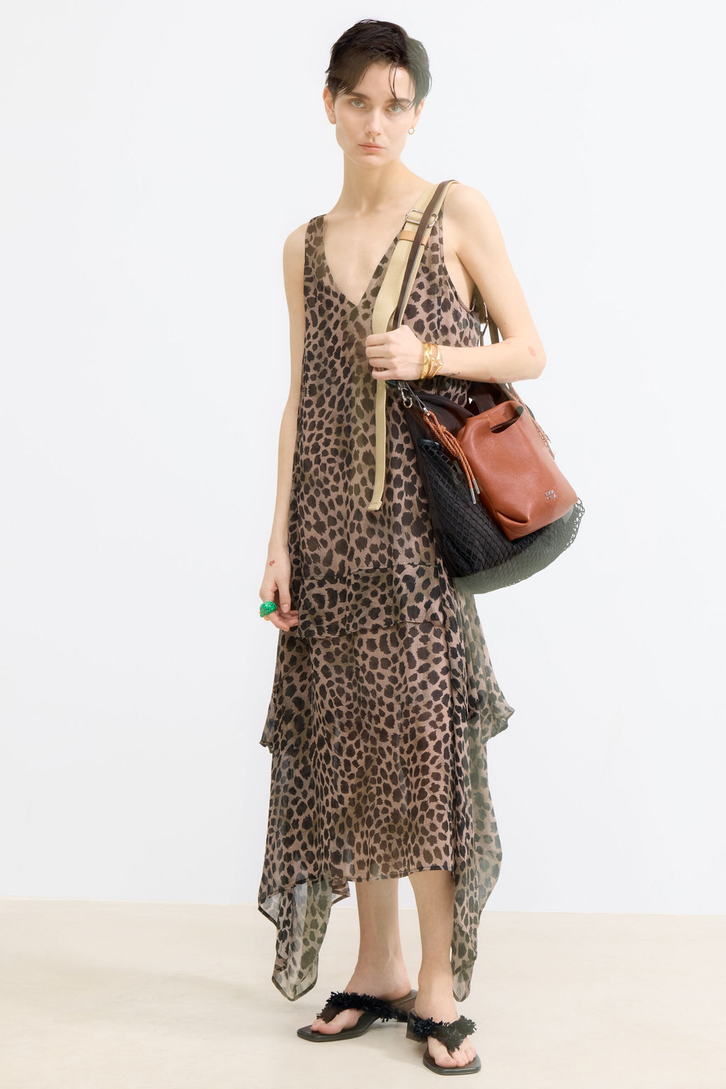 Khaki Cheetah asymmetric flowing dress