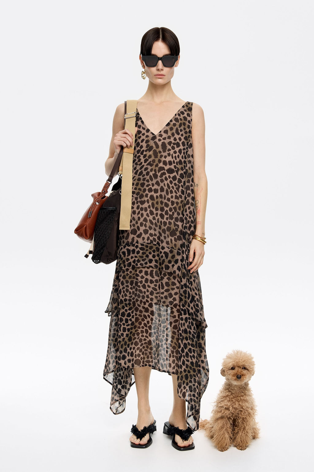Khaki Cheetah asymmetric flowing dress