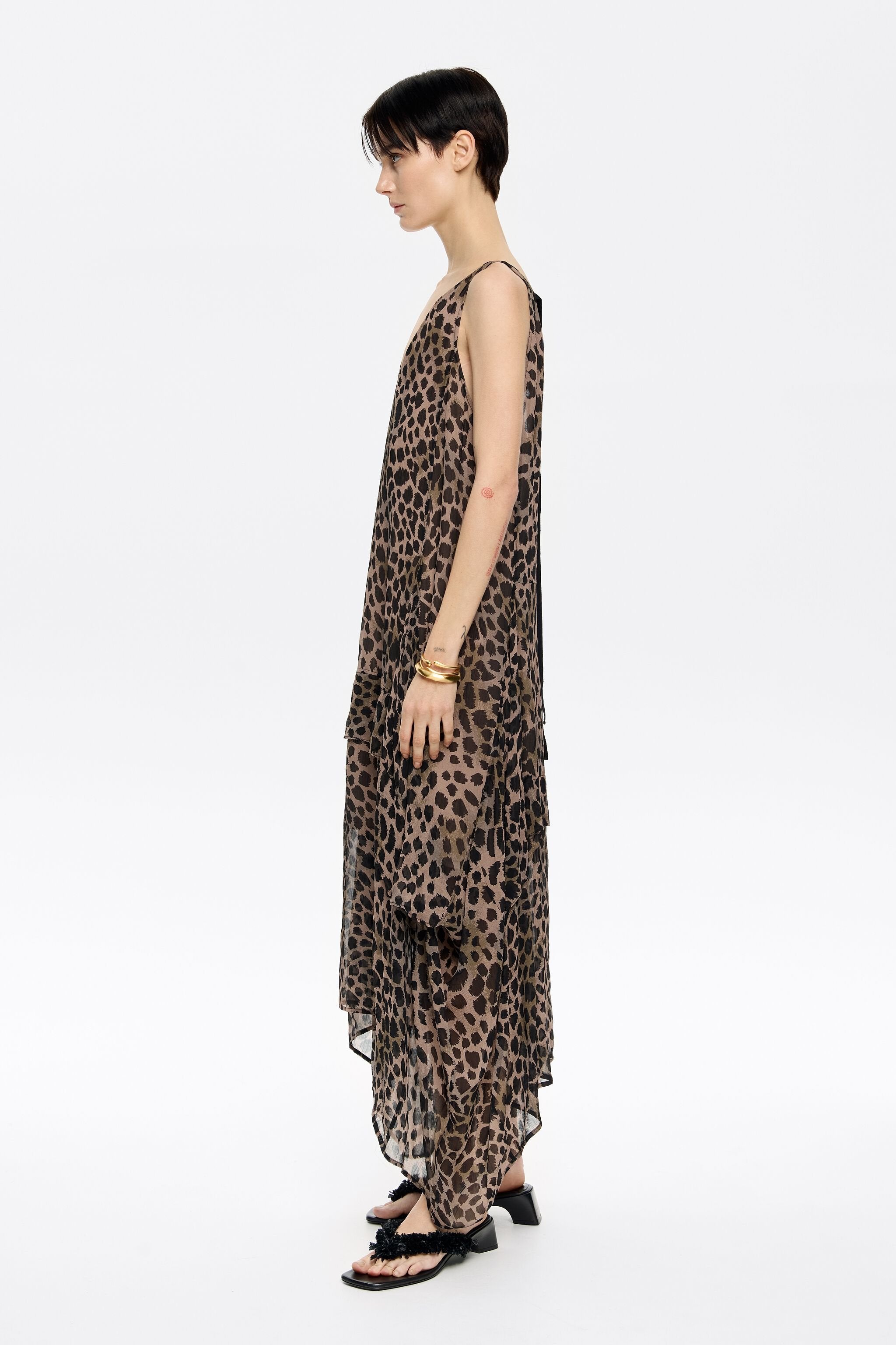 Khaki Cheetah asymmetric flowing dress