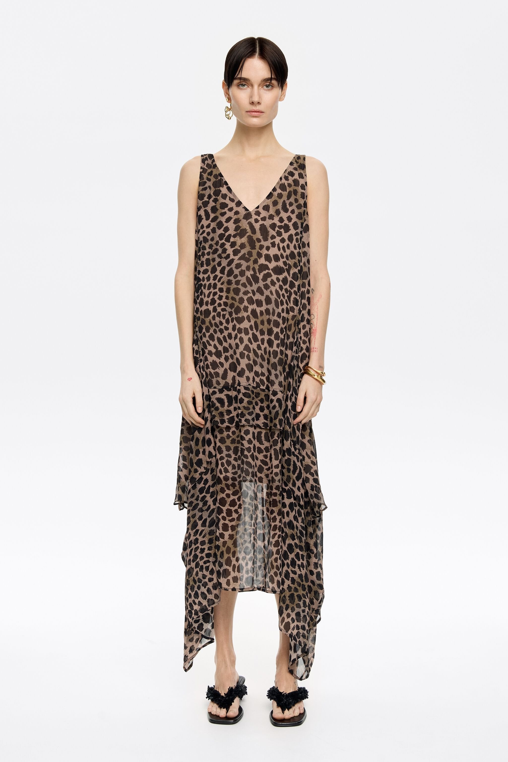 Khaki Cheetah asymmetric flowing dress