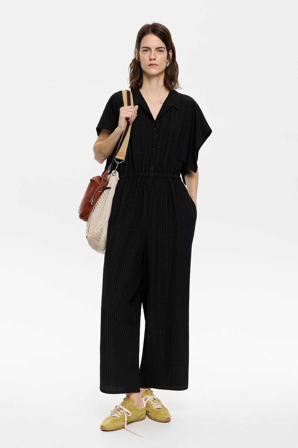 Black adjustable shirt jumpsuit