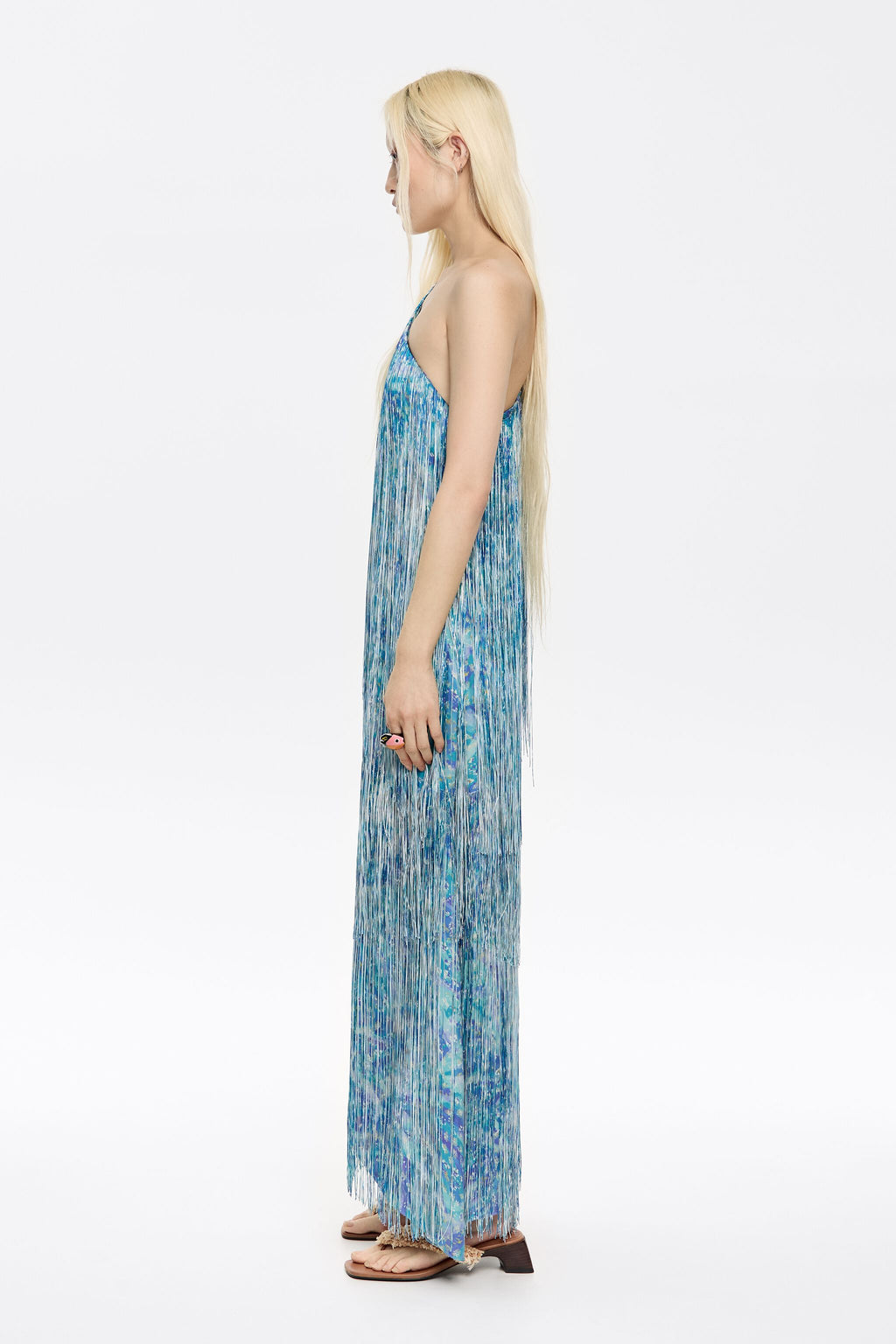 Blue floral patchwork fringed dress