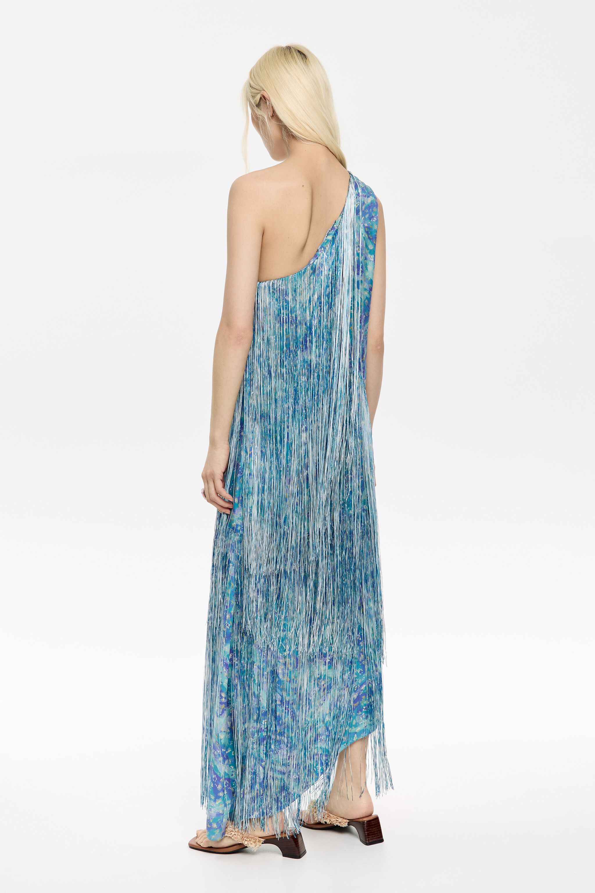 Blue floral patchwork fringed dress