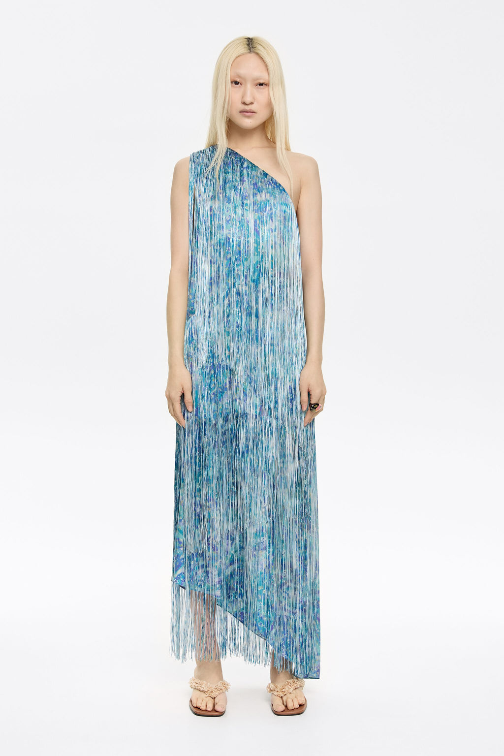 Blue floral patchwork fringed dress