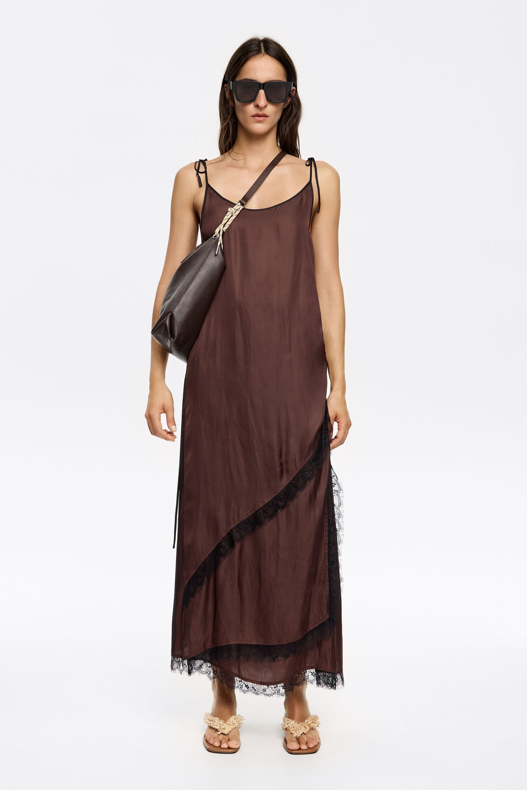 Dark brown lace flowing crossover dress