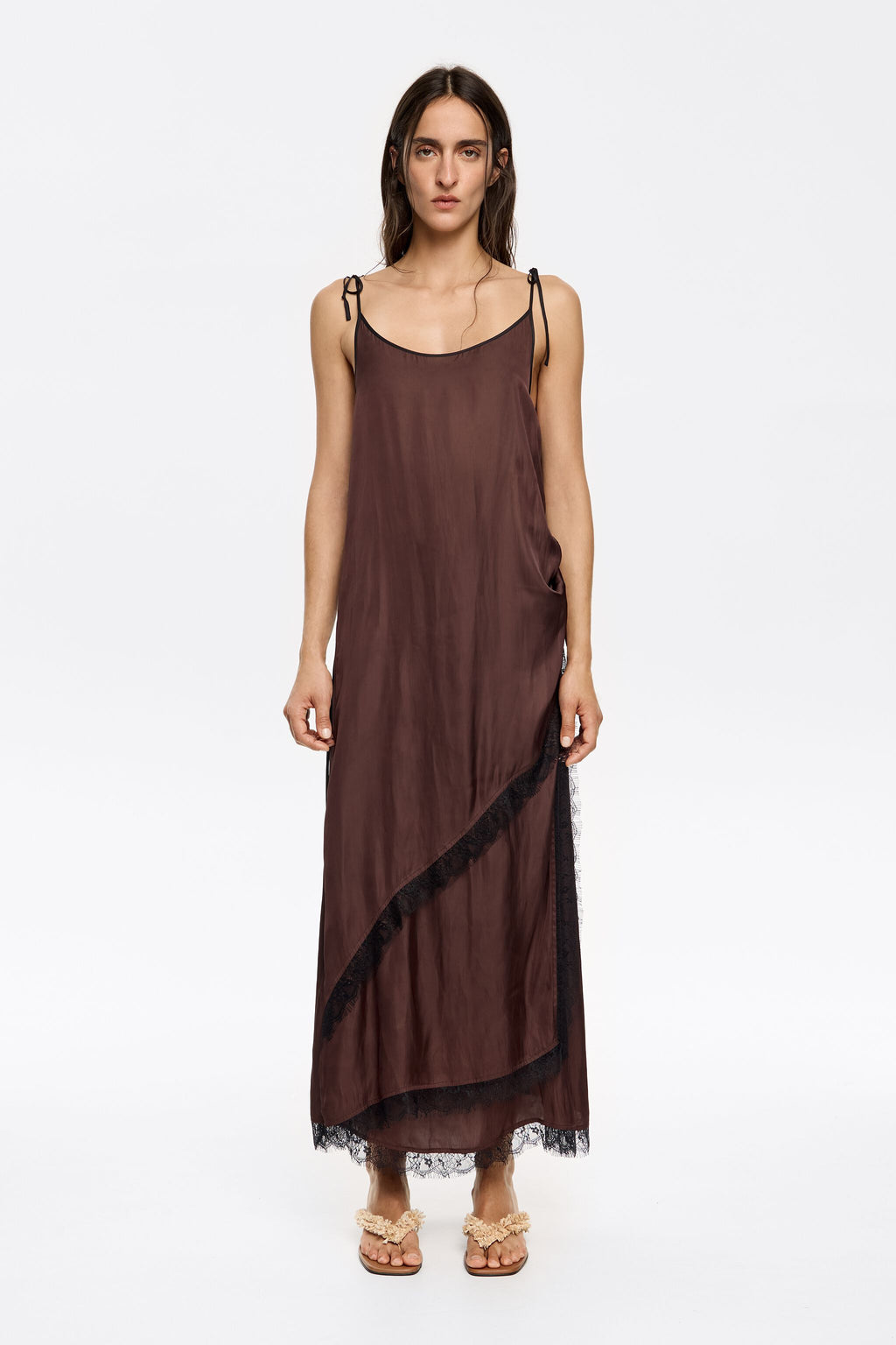 Dark brown lace flowing crossover dress