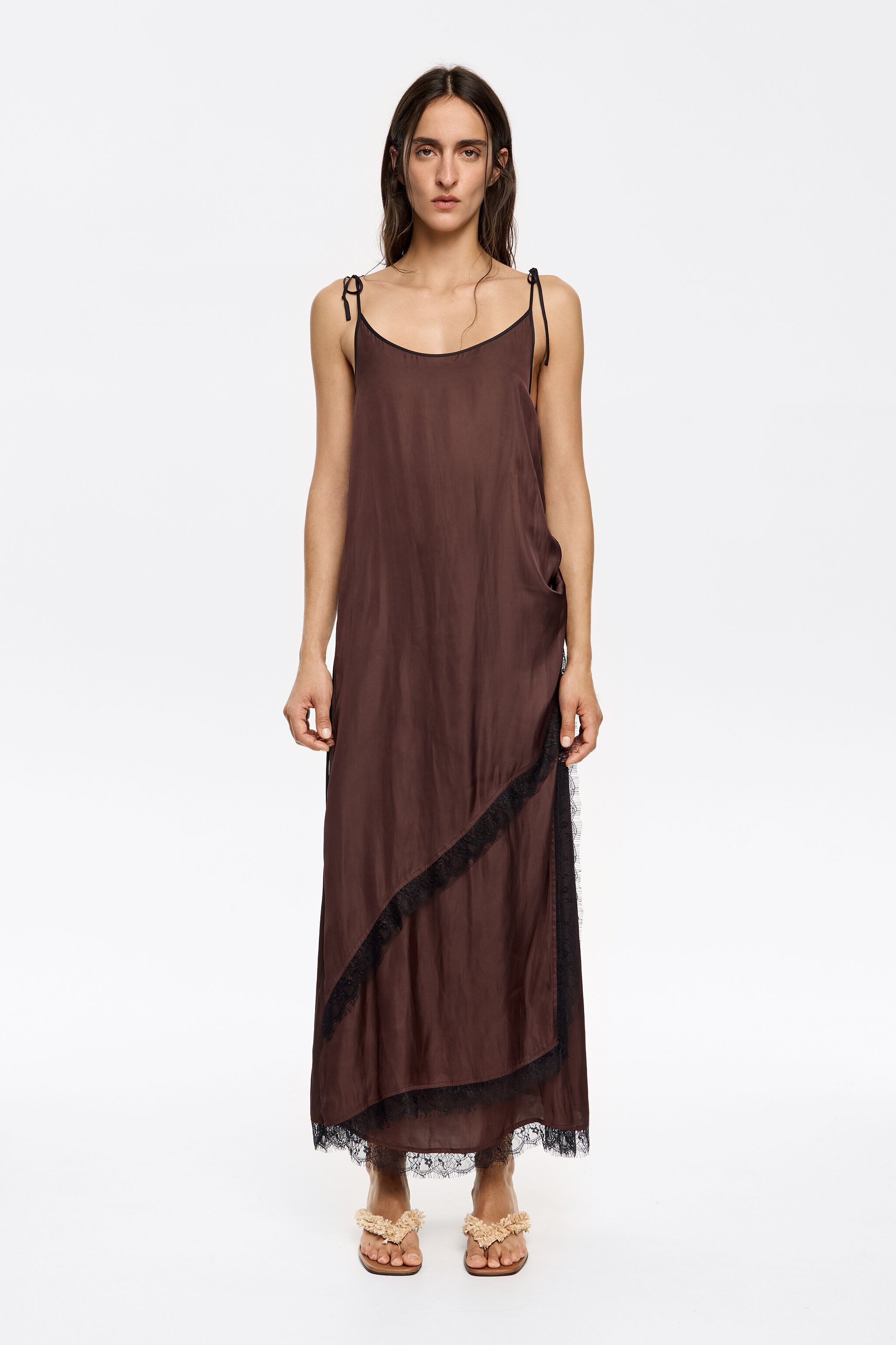 Dark brown lace flowing crossover dress
